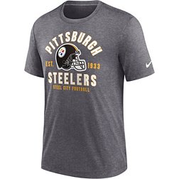 Nike Men's Pittsburgh Steelers Blitz Stacked Dark Grey Heather T-Shirt