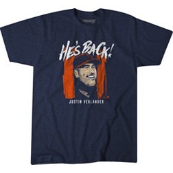 BreakingT Men's Houston Astros Justin Verlander 'He's Back ' Navy Graphic T-Shirt