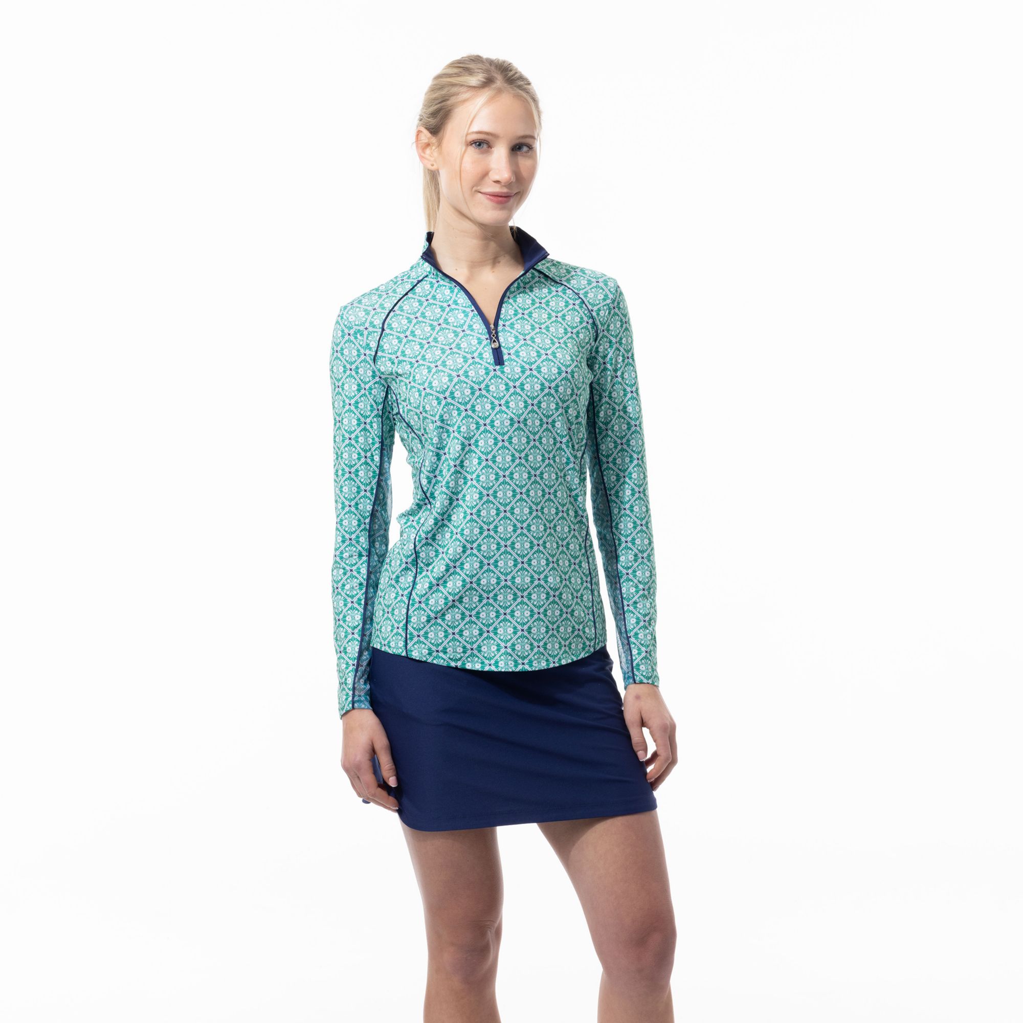 SanSoleil Women's Sunglow Print Piping Long Sleeve Mock Neck Shirt