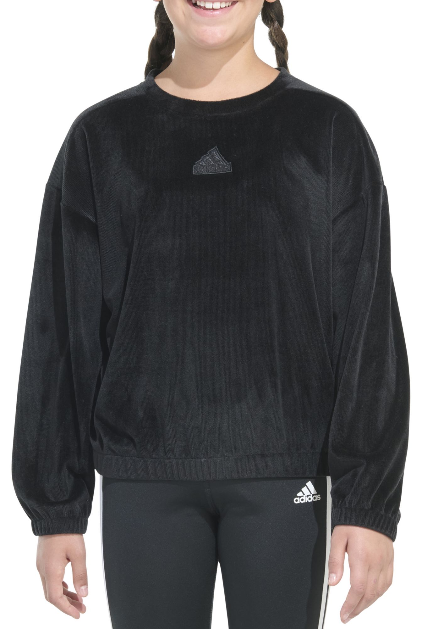 adidas Girls' Rib Velour Crewneck Pullover