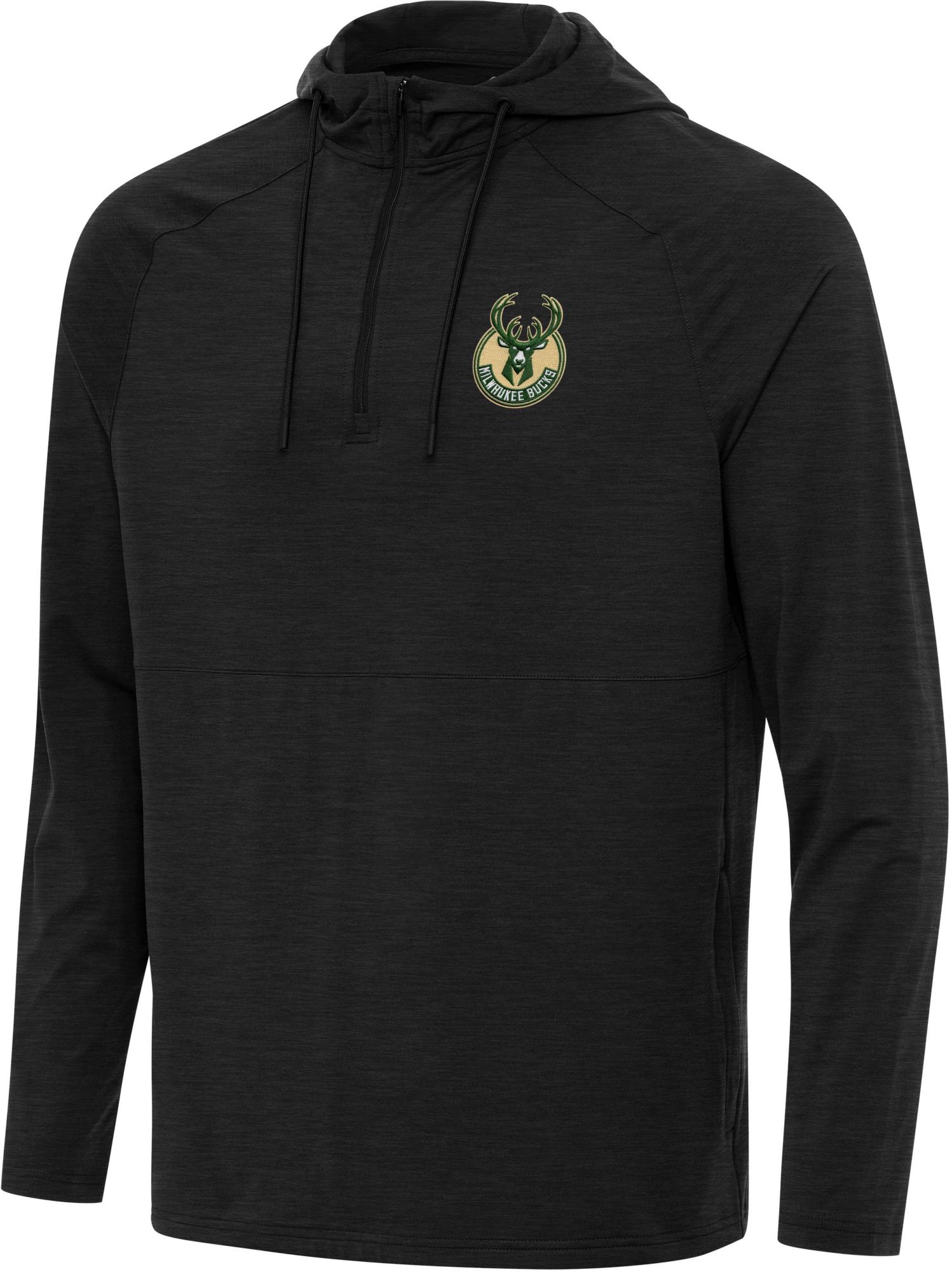 Antigua Men's Milwaukee Bucks Black Spikes Quarter-Zip Hooded Pullover