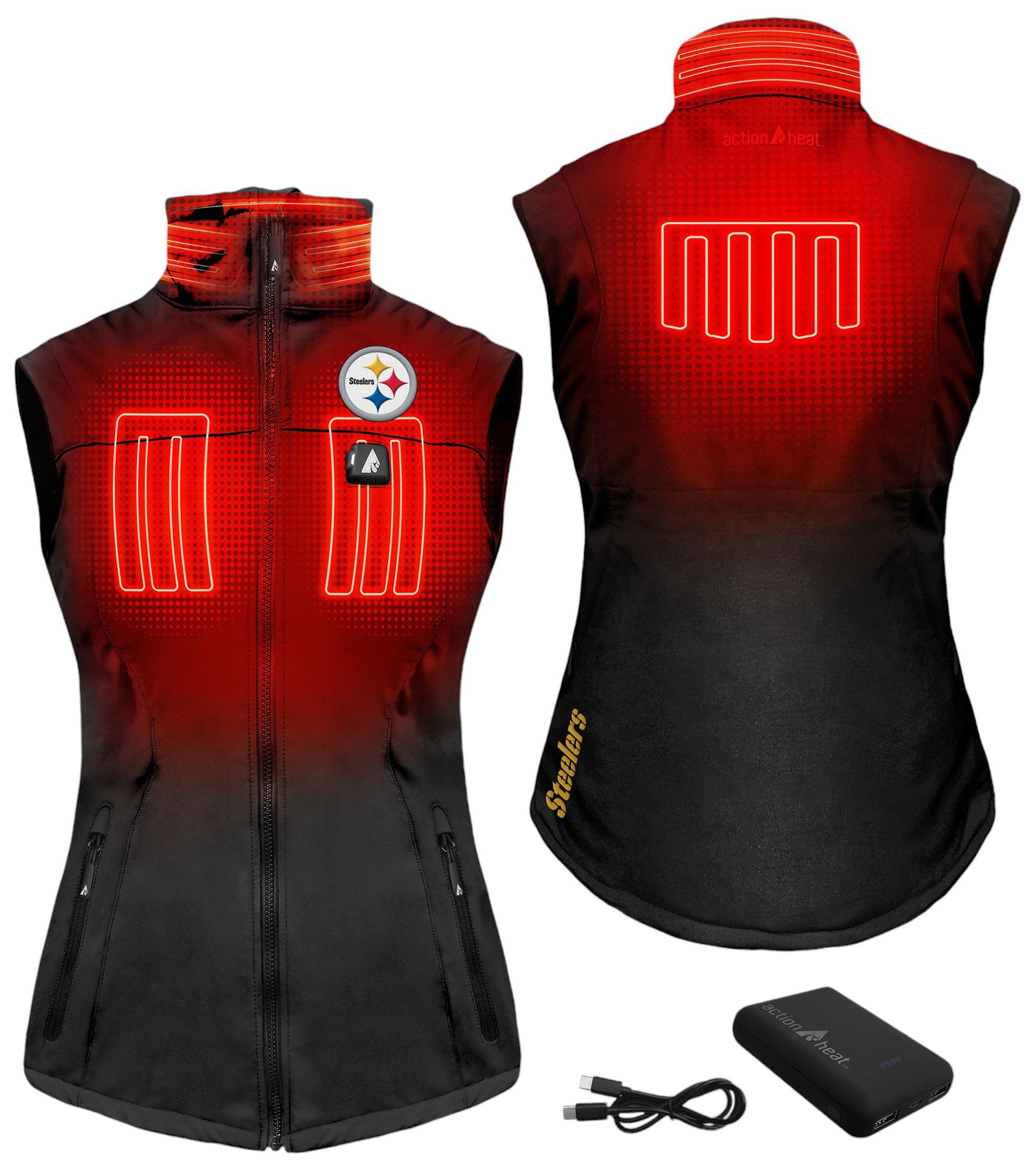 ActionHeat Women's Pittsburgh Steelers Black 5V Battery Heated Softshell Vest