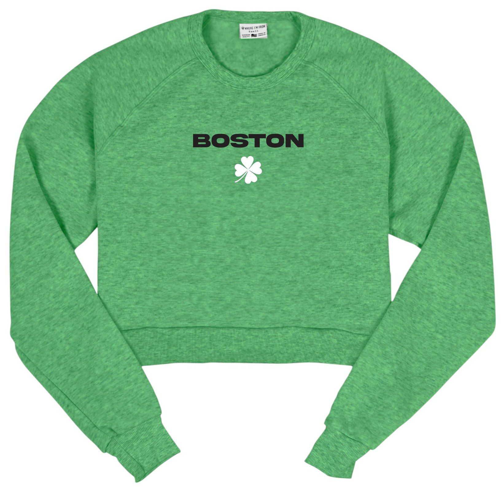 Where I'm From Women's Boston St. Patrick's Day 2025 Green Microscript Long Sleeve Cropped Crewneck
