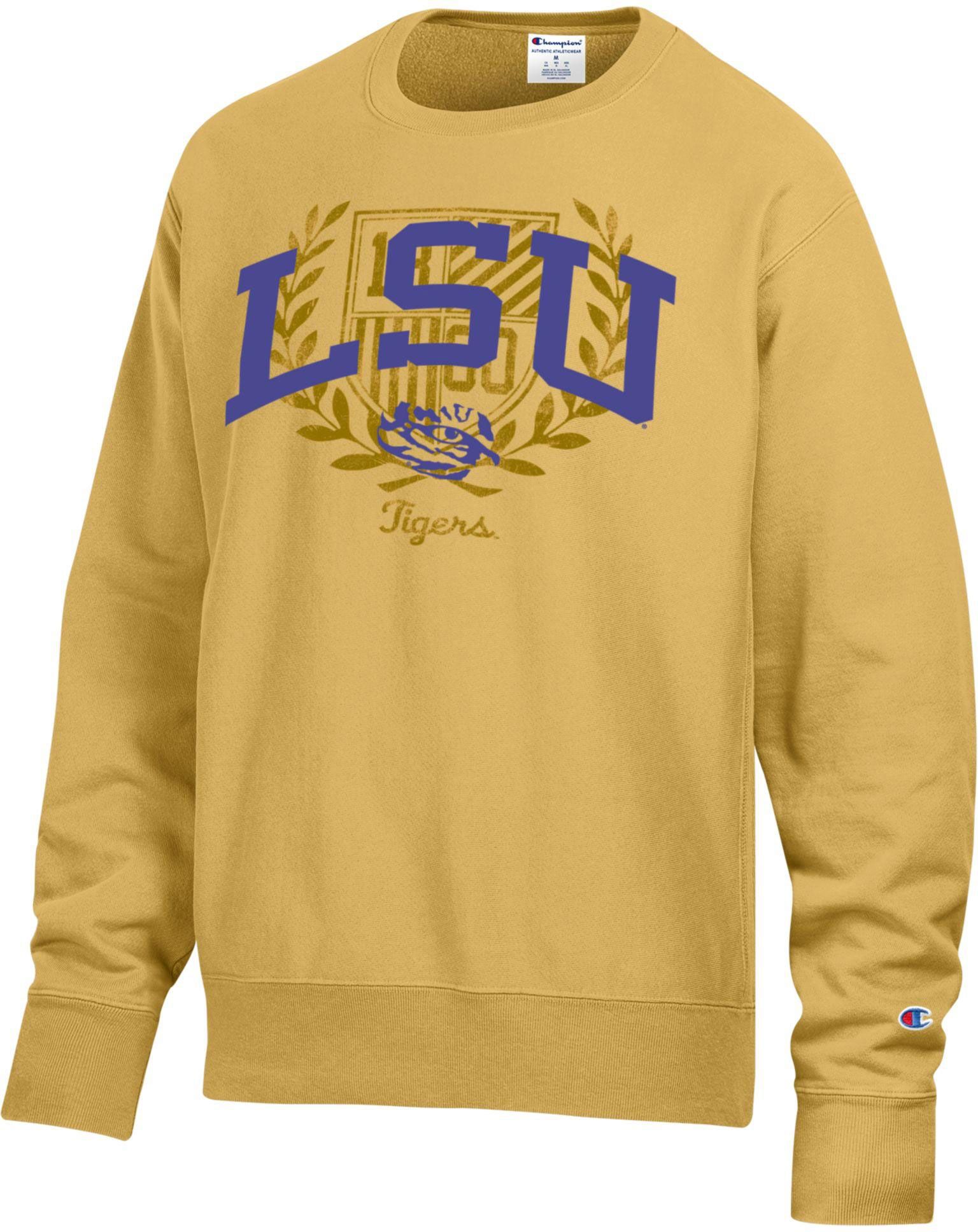 Champion Men's LSU Tigers Gold Garment Dyed Reverse Weave crew Pullover Crew Sweatshirt