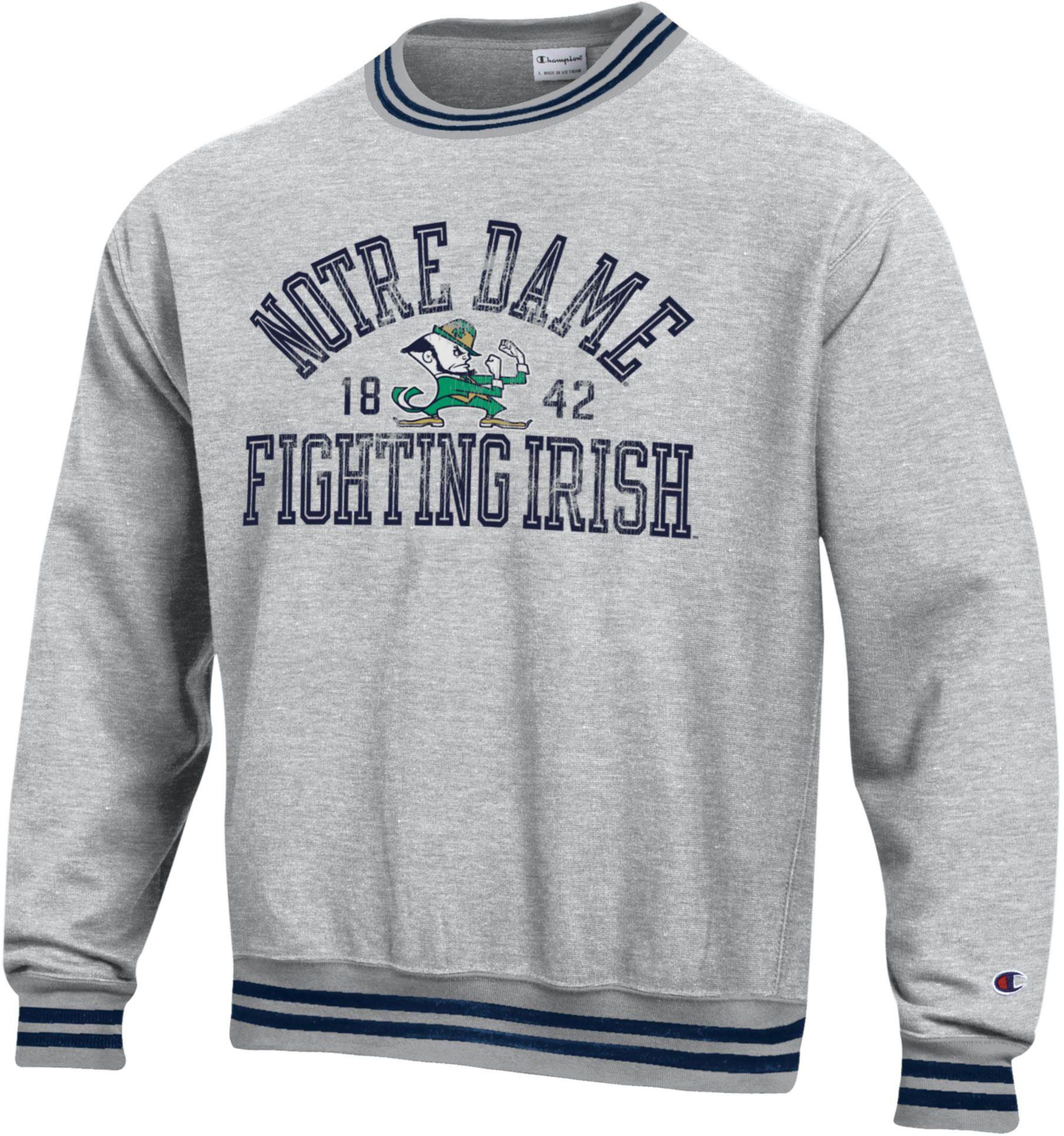 Champion Men's Notre Dame Fighting Irish Grey Reverse Weave Yarn Dye Ribbed Pullover Crew Sweatshirt