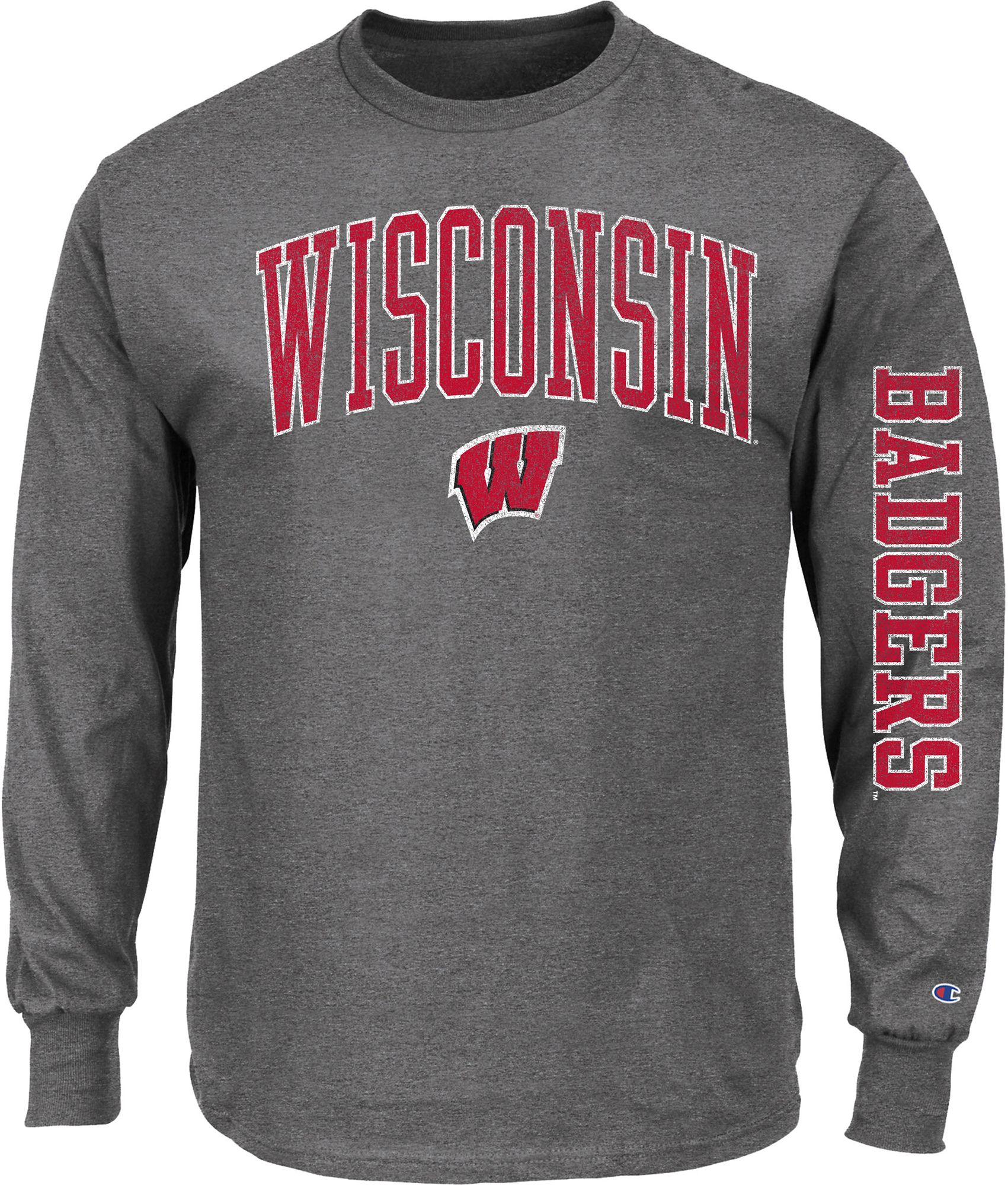 Champion Men's Wisconsin Badgers Heather Grey Big &amp; Tall 2 Hit Long Sleeve T-Shirt
