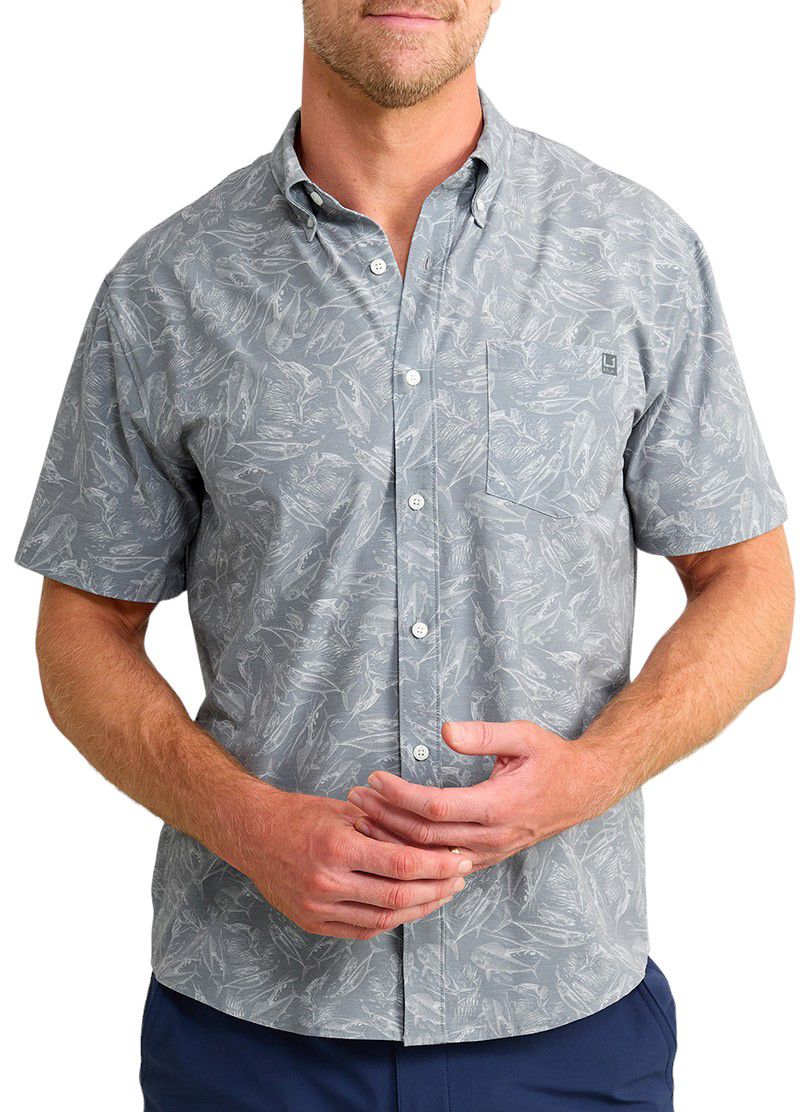 HUK Men's KC Fish Chaos Kona Short Sleeve Button Up Shirt