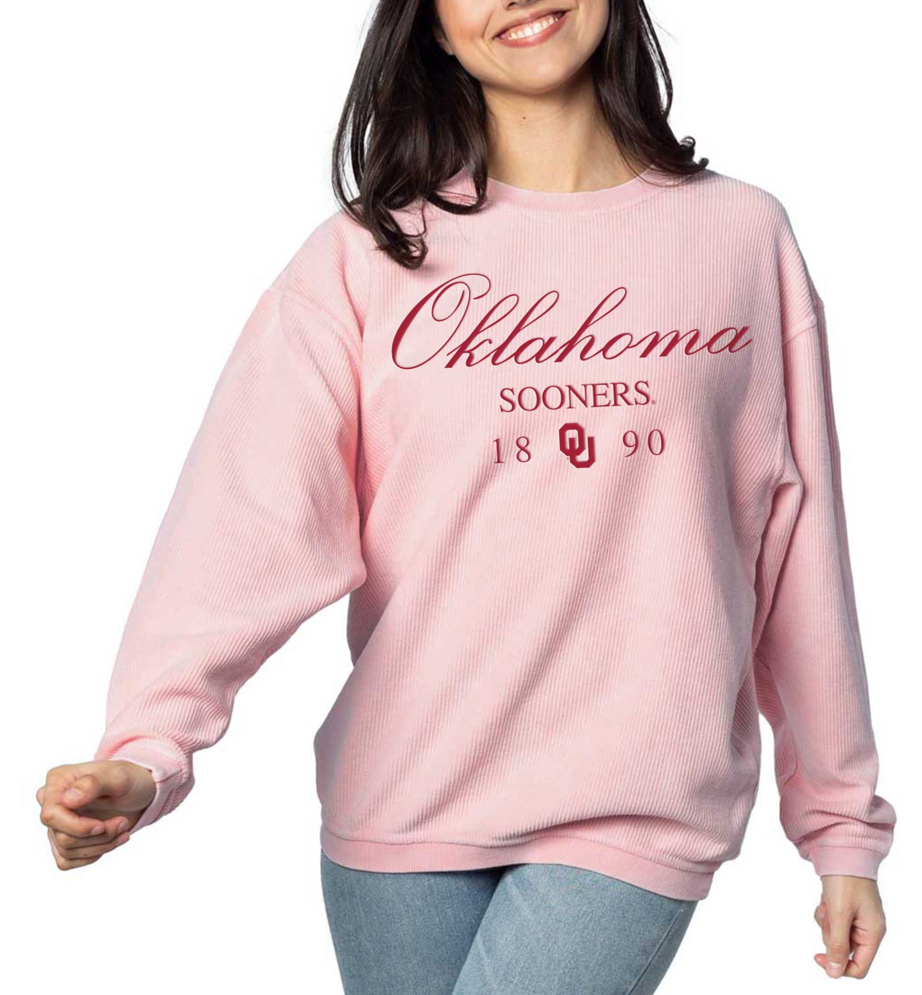 chicka-d Women's Oklahoma Sooners Pink Resort Corded Crewneck Sweatshirt