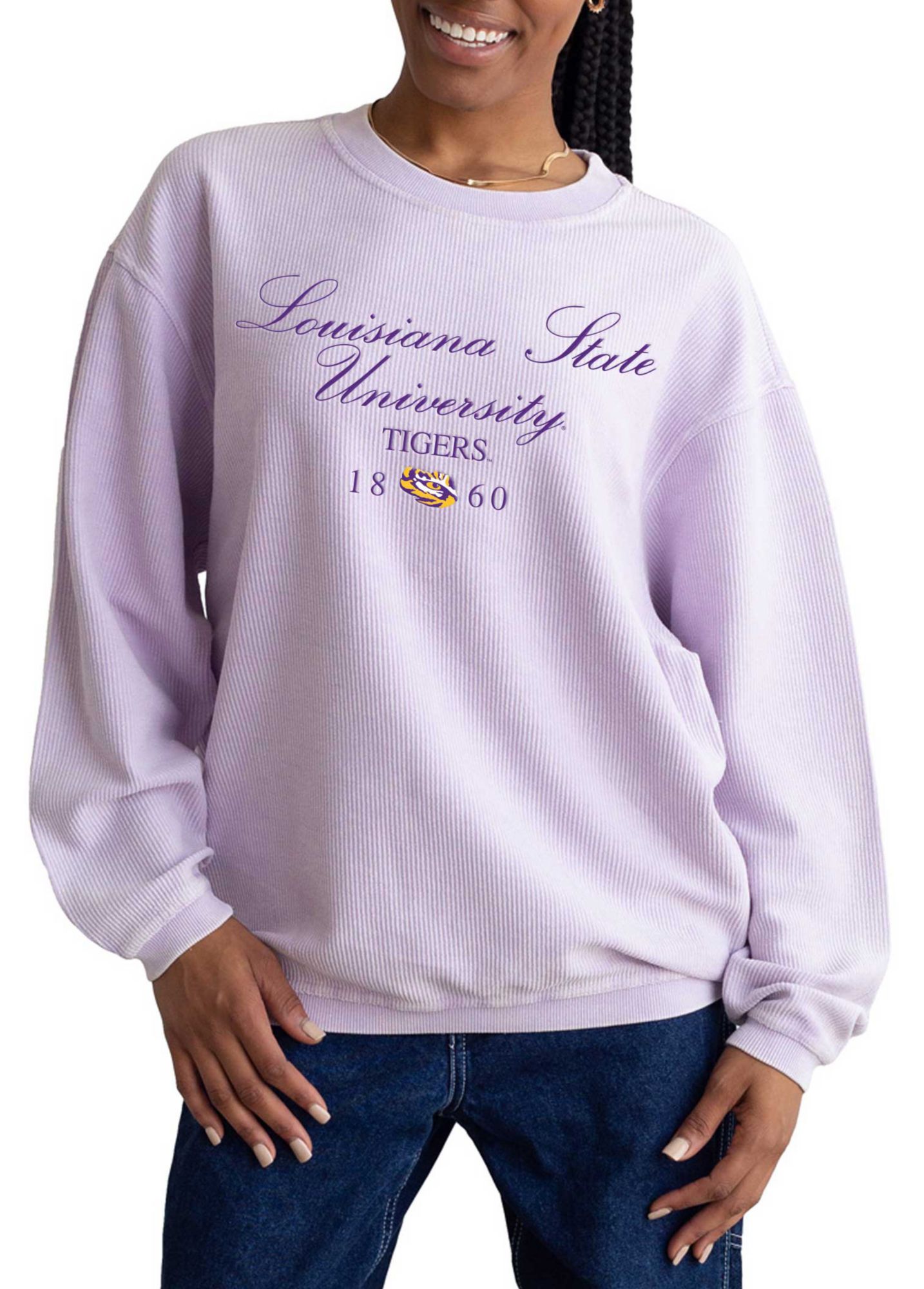 chicka-d Women's LSU Tigers Purple Resort Corded Crewneck Sweatshirt