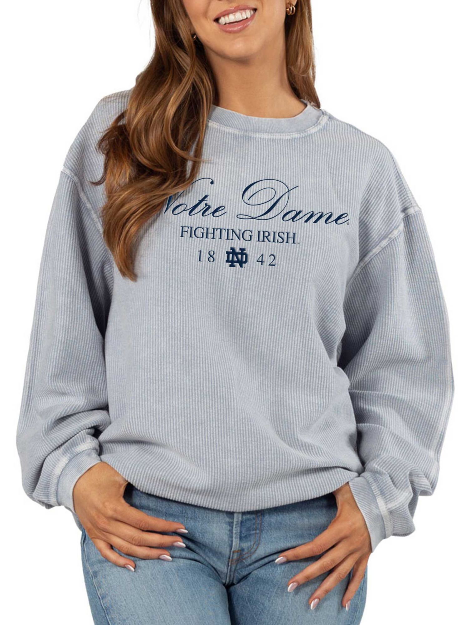 chicka-d Women's Notre Dame Fighting Irish Light Blue Resort Corded Crewneck Sweatshirt