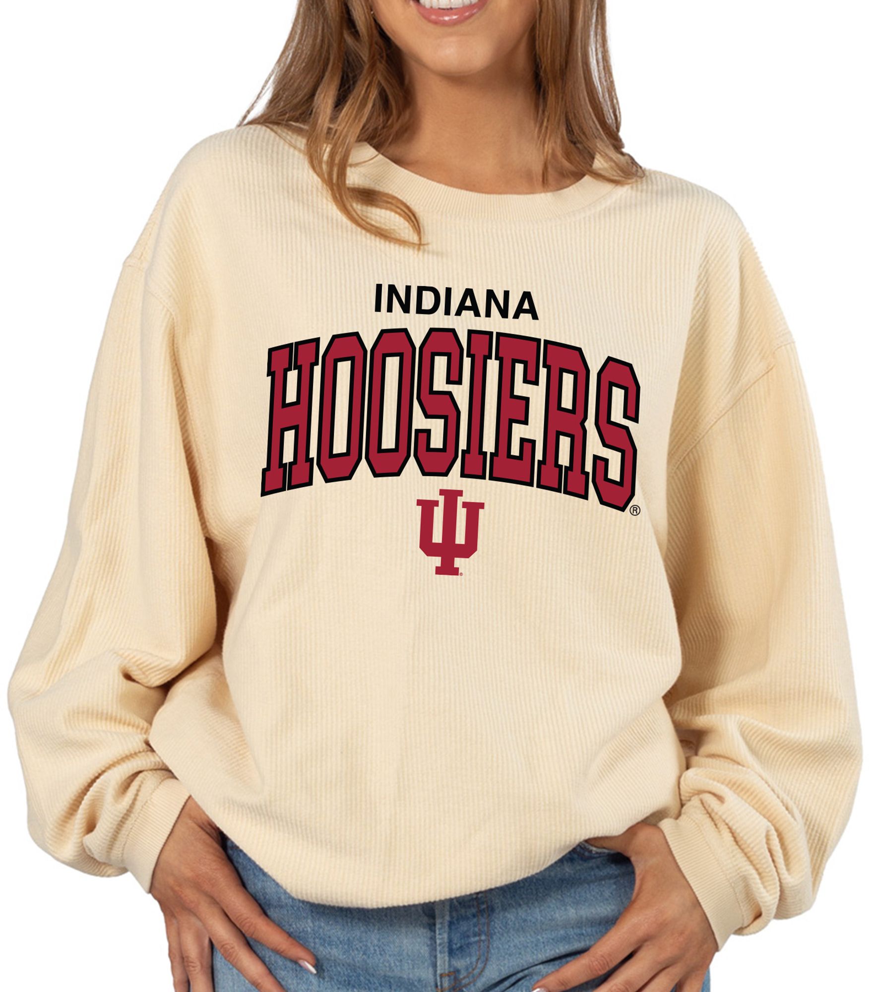 chicka-d Women's Indiana Hoosiers Natural Corded Crewneck Sweatshirt