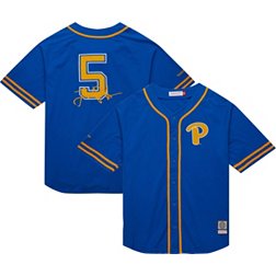 Mitchell & Ness Men's Pitt Panthers Blue Louis Riddick Full Button Baseball Jersey
