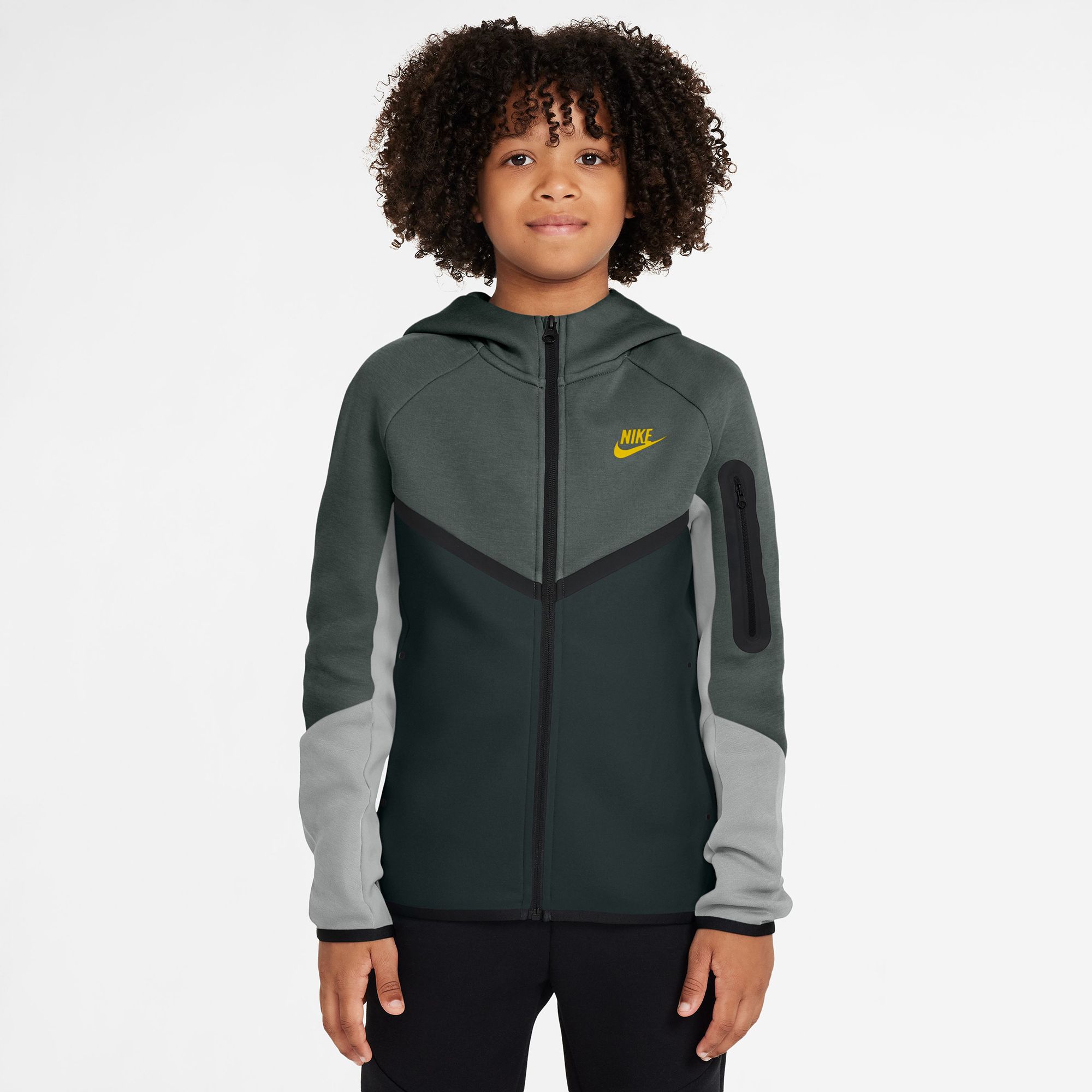 Nike Kids' Tech Fleece Full-Zip Sweatshirt, Boys', XS, Camo Green/Black Spruce/Chrome Yellow