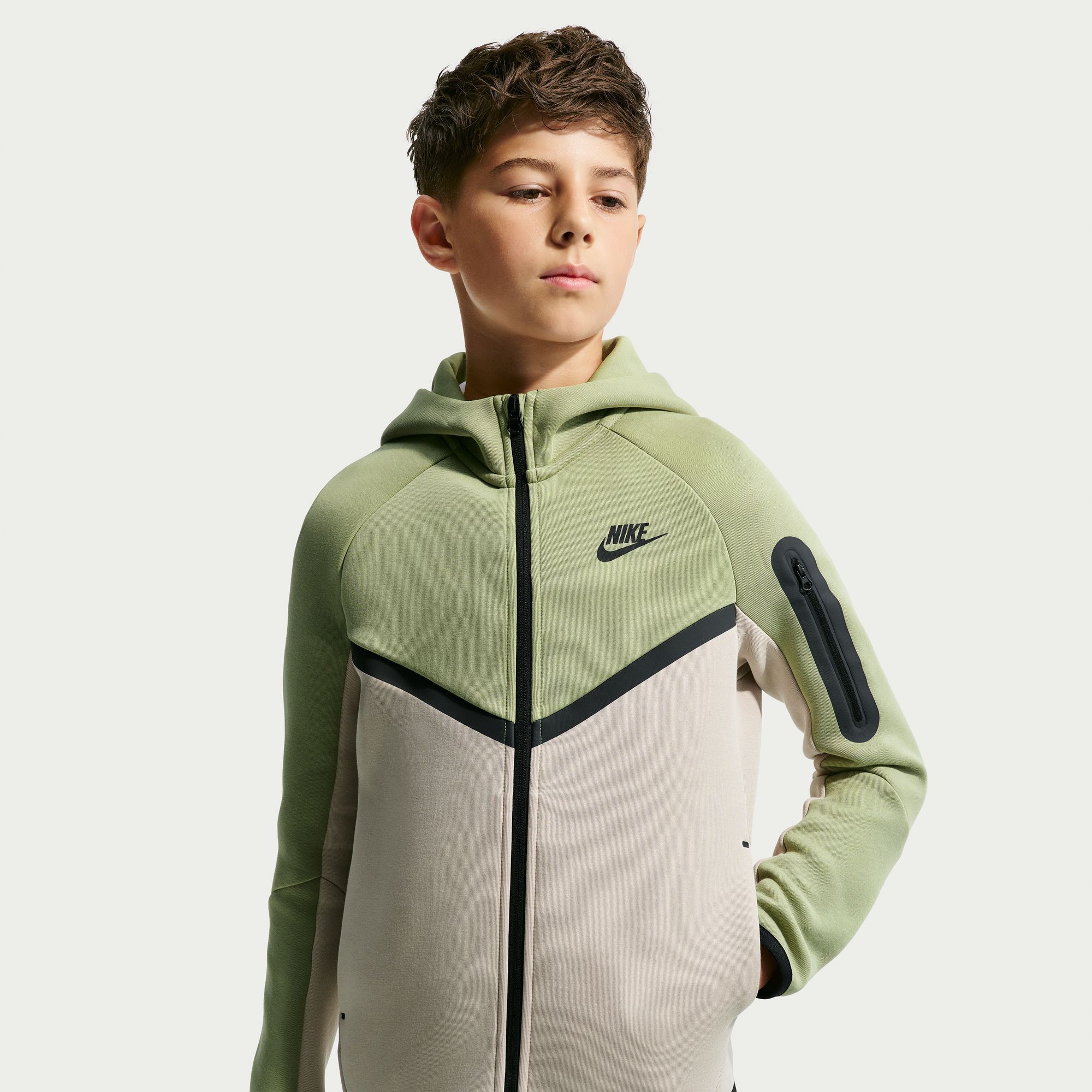 Nike Kids' Tech Fleece Full-Zip Sweatshirt, Boys', Large, Dusty Olive/Cream Ii/Black/Black