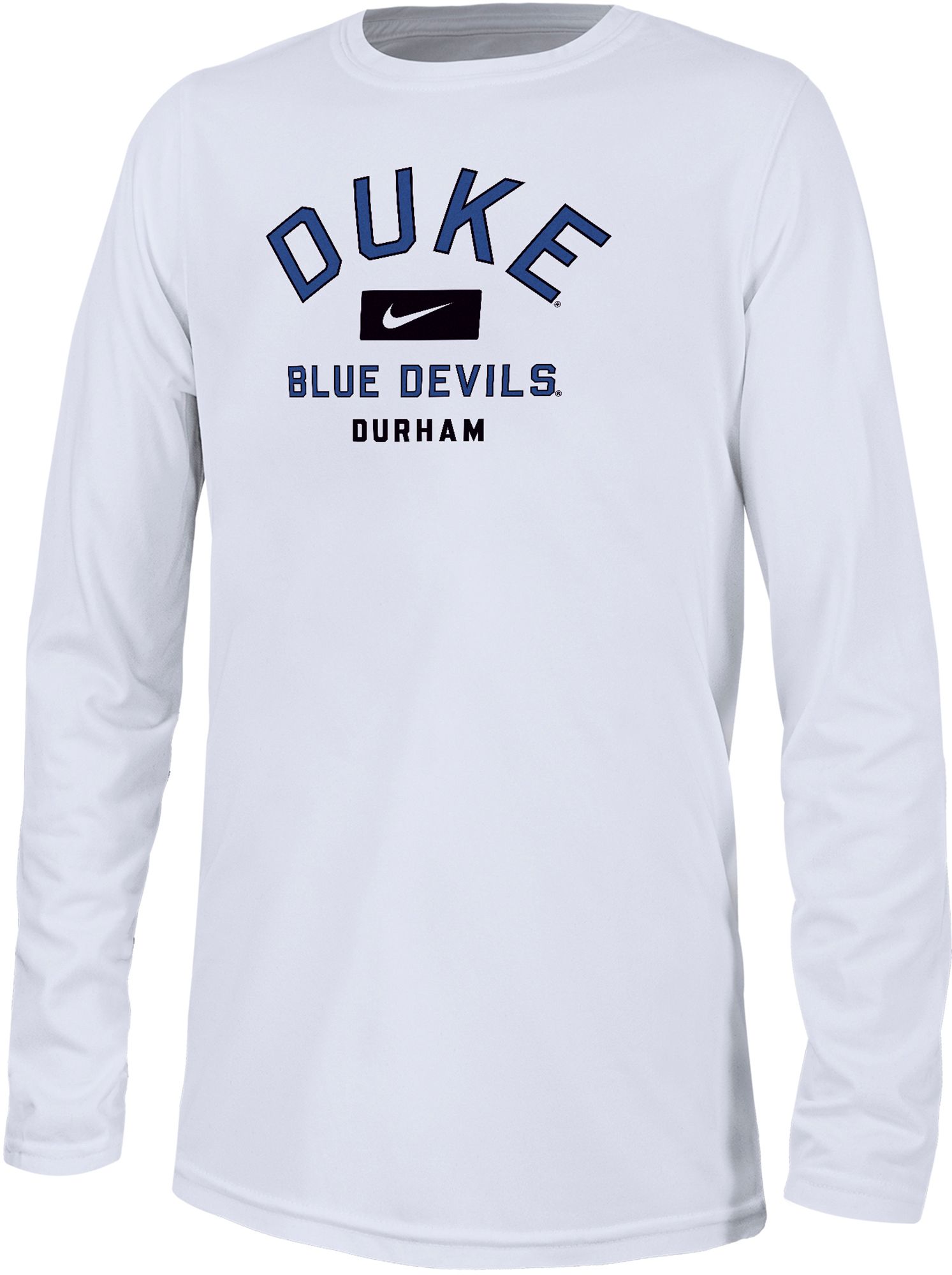 Nike Youth Duke Blue Devils White Dri-FIT Legend Arch Wordmark Long Sleeve T-Shirt