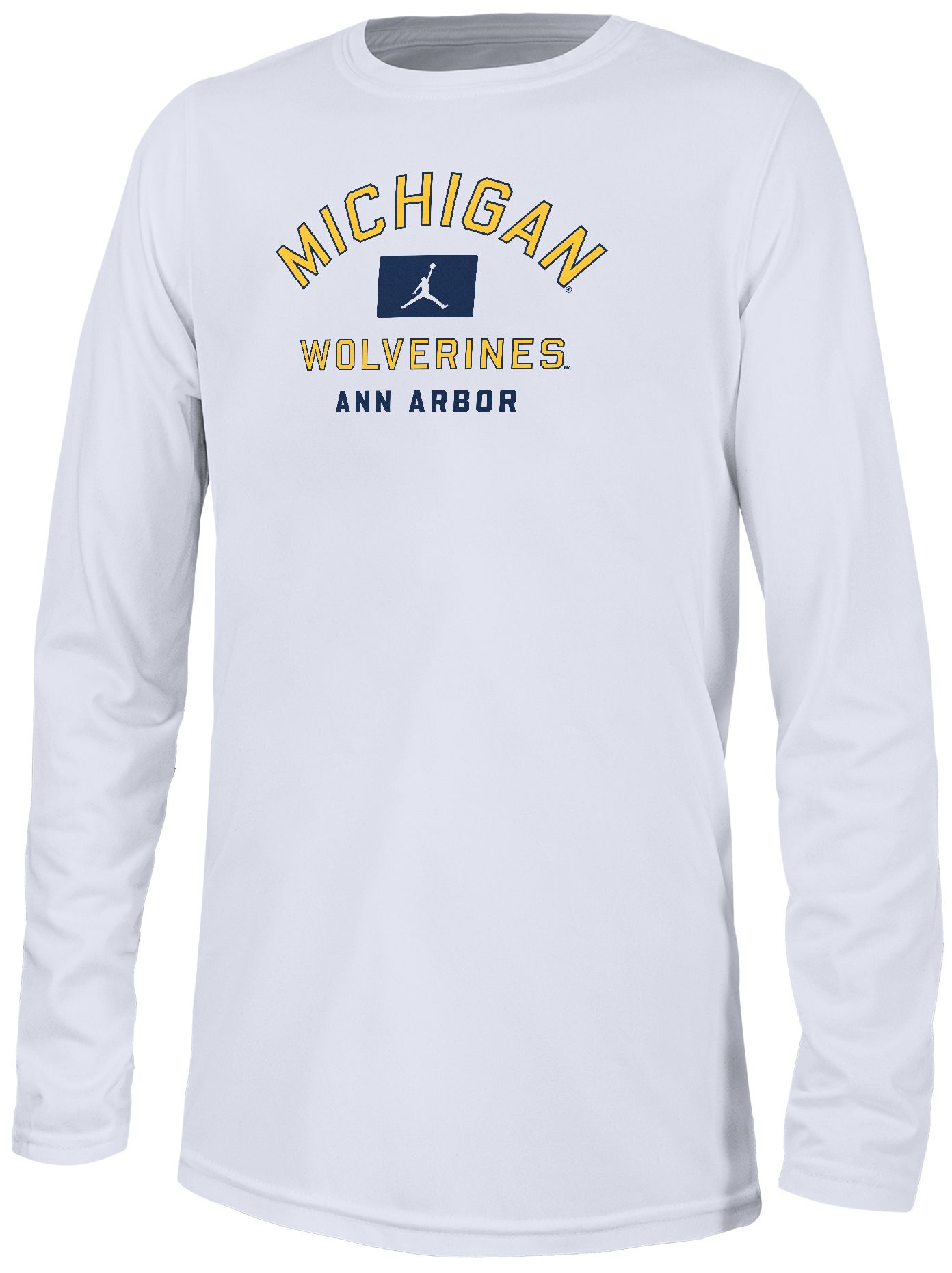 Nike Youth Michigan Wolverines White Dri-FIT Legend Arch Wordmark Long Sleeve T-Shirt