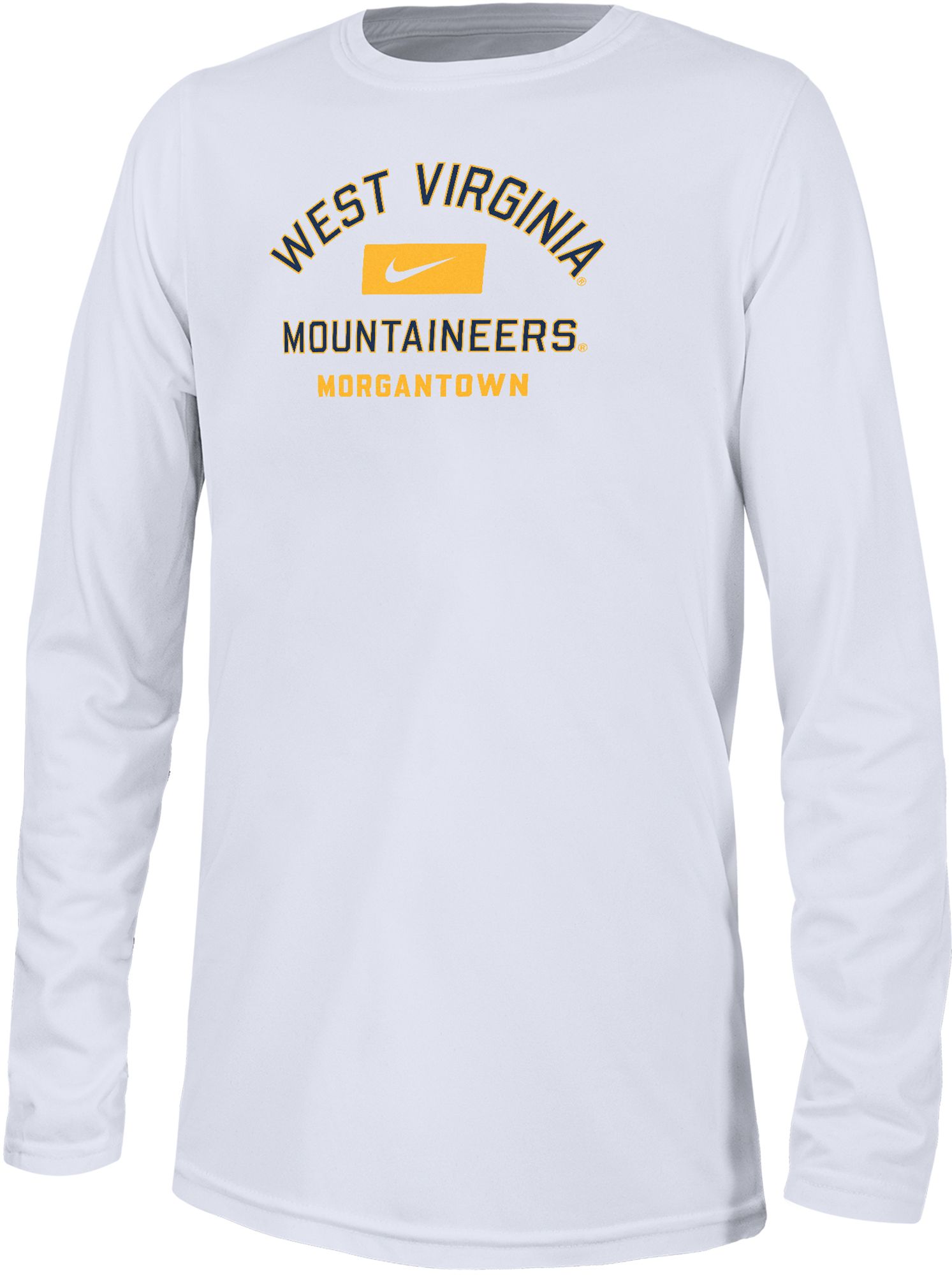 Nike Youth West Virginia Mountaineers White Dri-FIT Legend Arch Wordmark Long Sleeve T-Shirt
