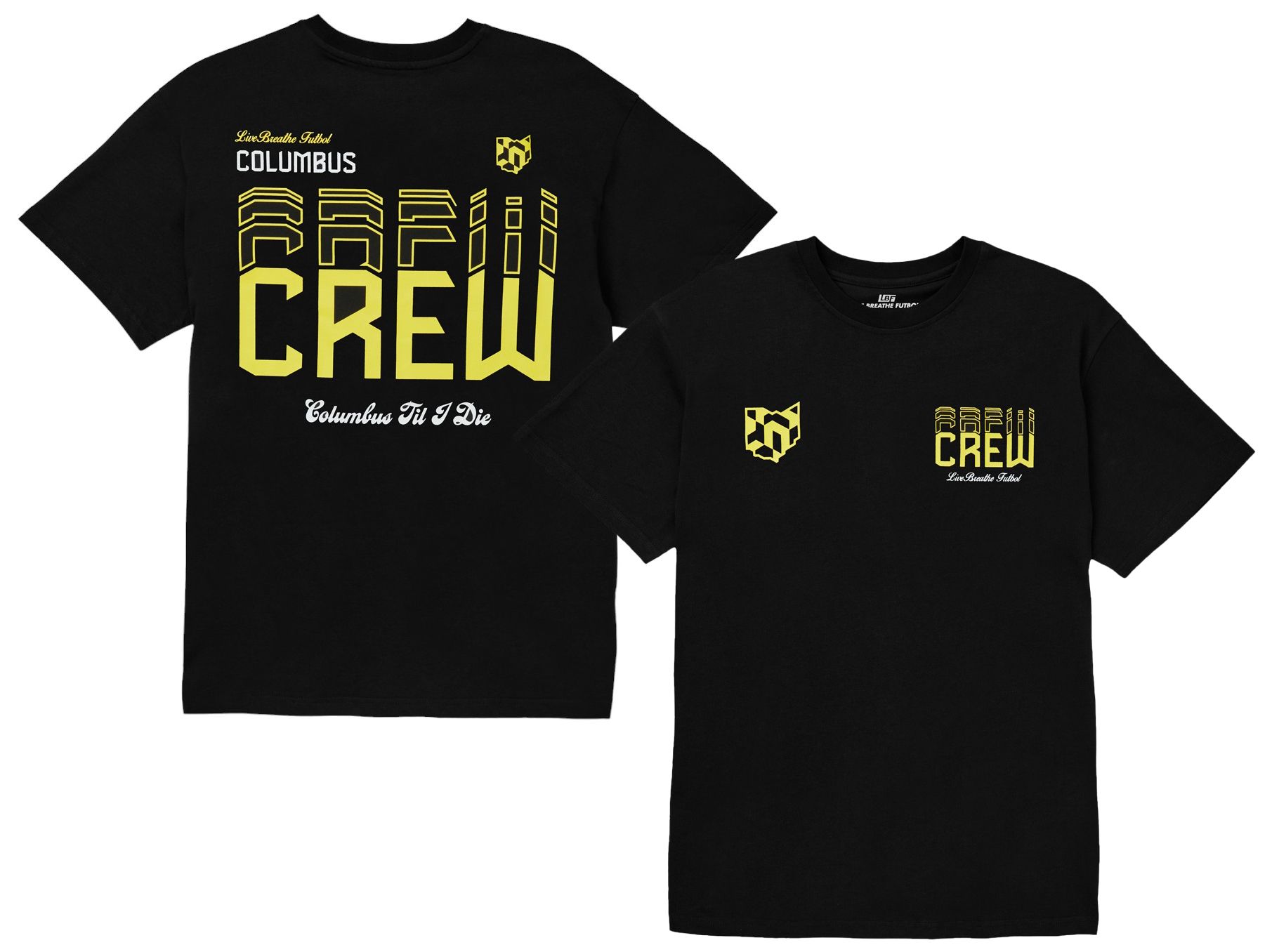 Live Breathe Futbol Men's Columbus Crew Glitch 2-Hit Black T-Shirt