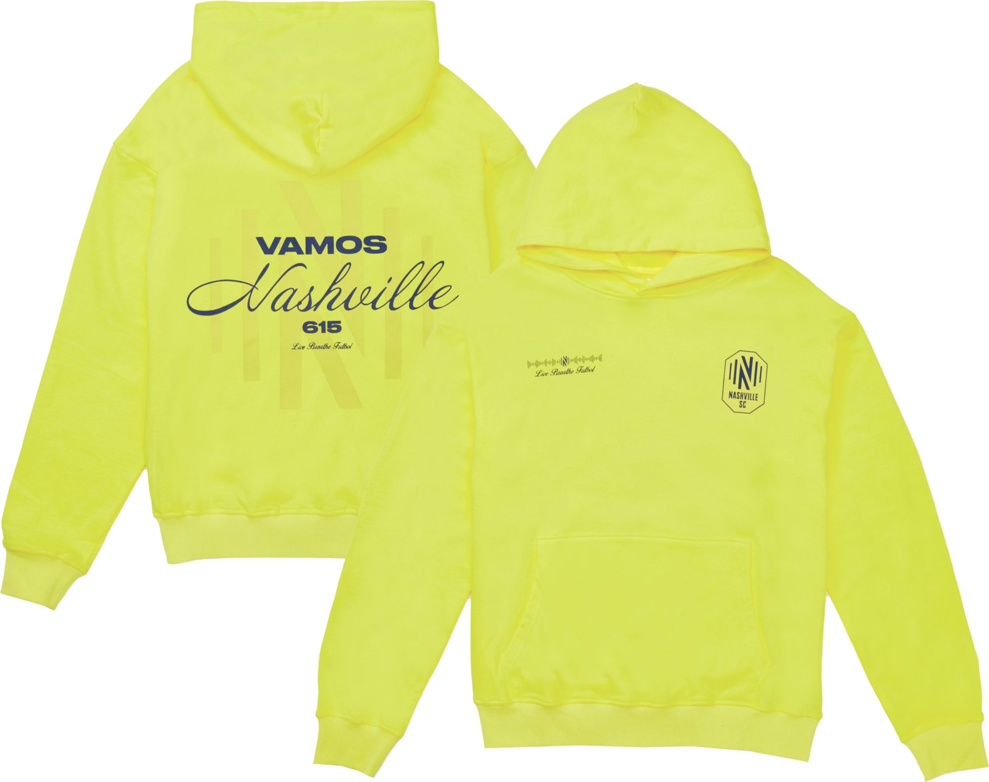Live Breathe Futbol Men's Nashville SC We Are 2-Hit Yellow Pullover Hoodie