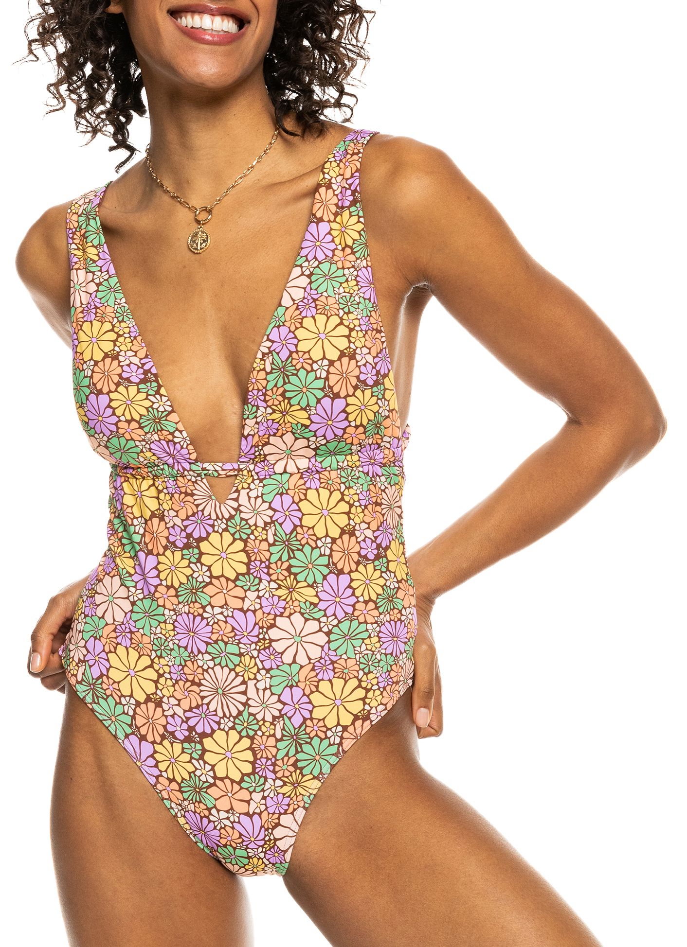Photos - Swimwear Roxy Women's All About Sol One Piece Swimsuit, Large, Root Beer Mini | Mot 