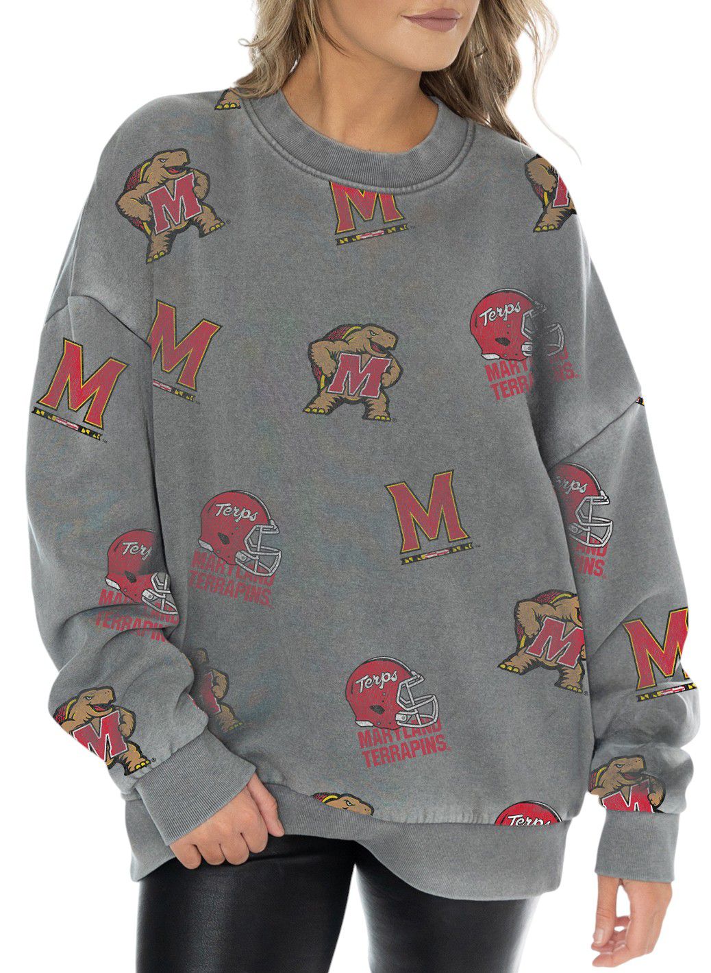 Gameday Couture Women's Maryland Terrapins Grey Playback Vintage Wash Crew Sweatshirt