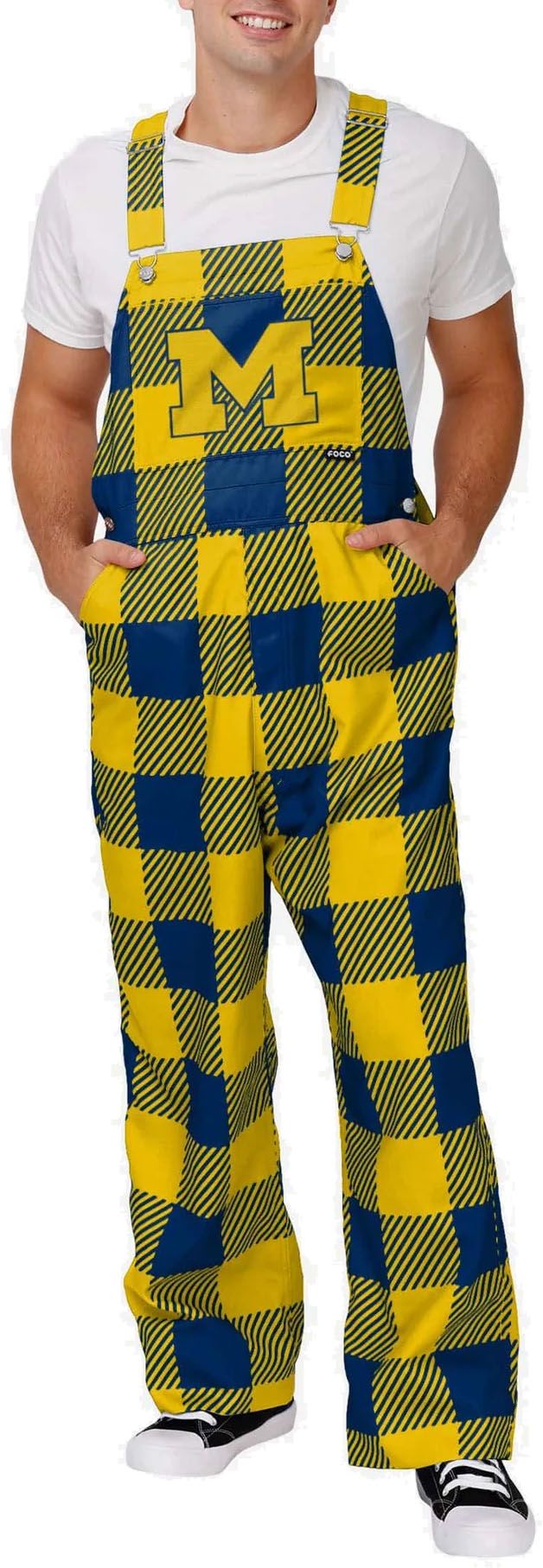FOCO Adult Michigan Wolverines Blue Plaid Logo Overalls