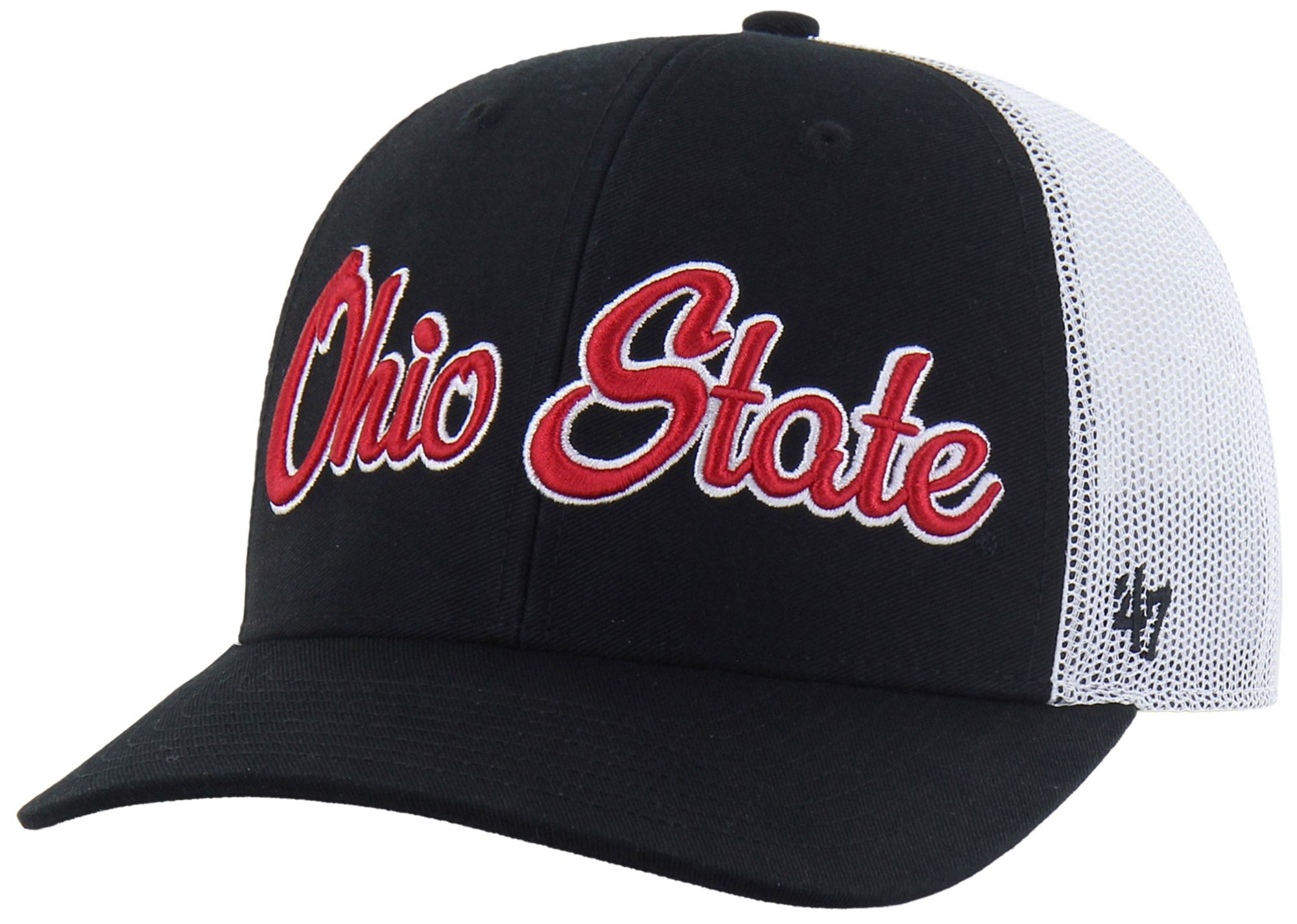 '47 Adult Ohio State Buckeyes Black Overhand Adjustable Trucker Hat
