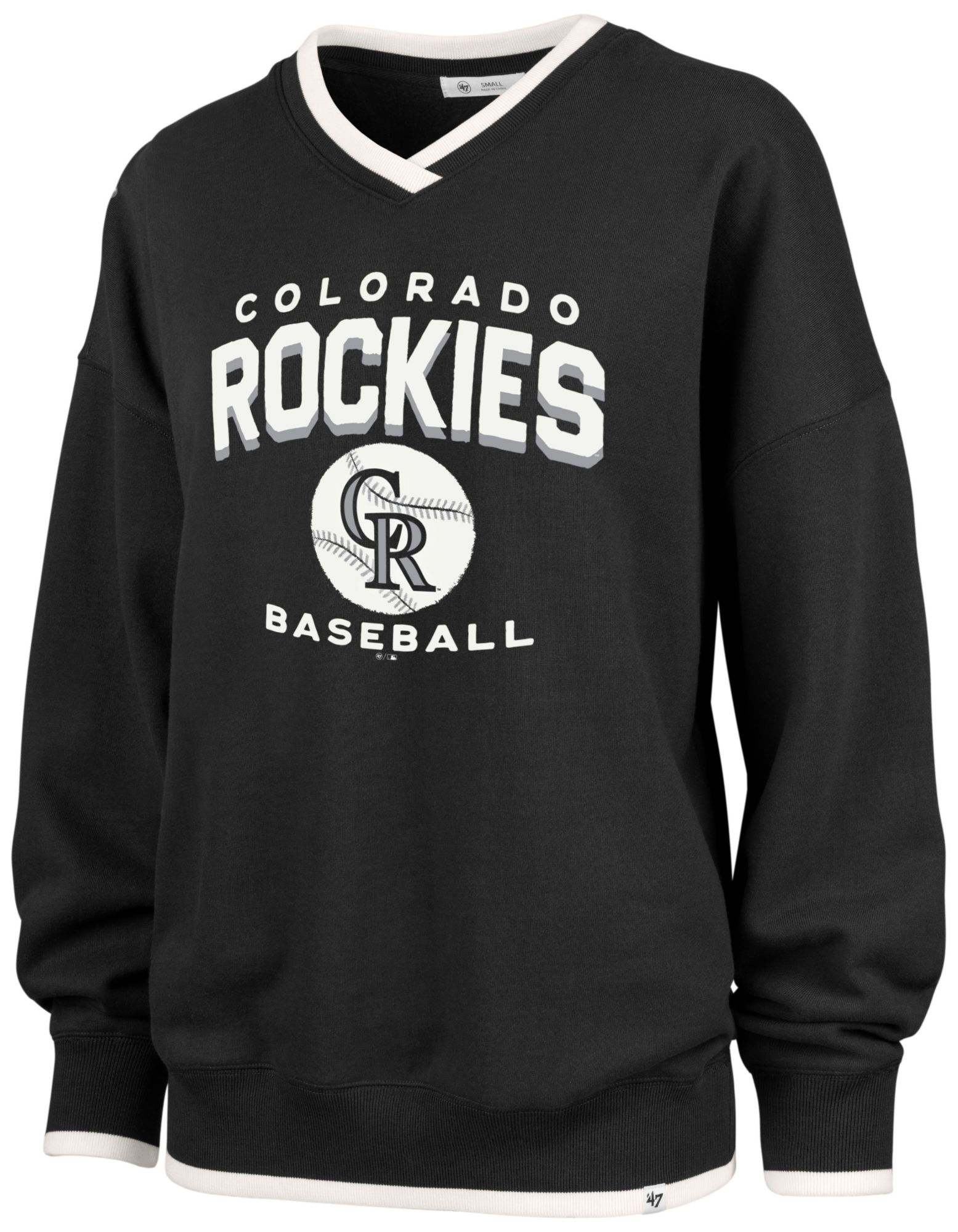 '47 Women's Colorado Rockies Black Wax Pack Eighties Crewneck Sweatshirt
