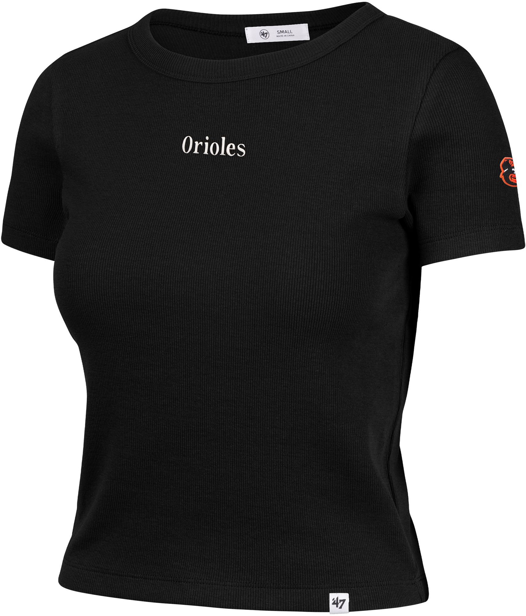 '47 Women's Baltimore Orioles Black With Love Baby Ribbed T-Shirt