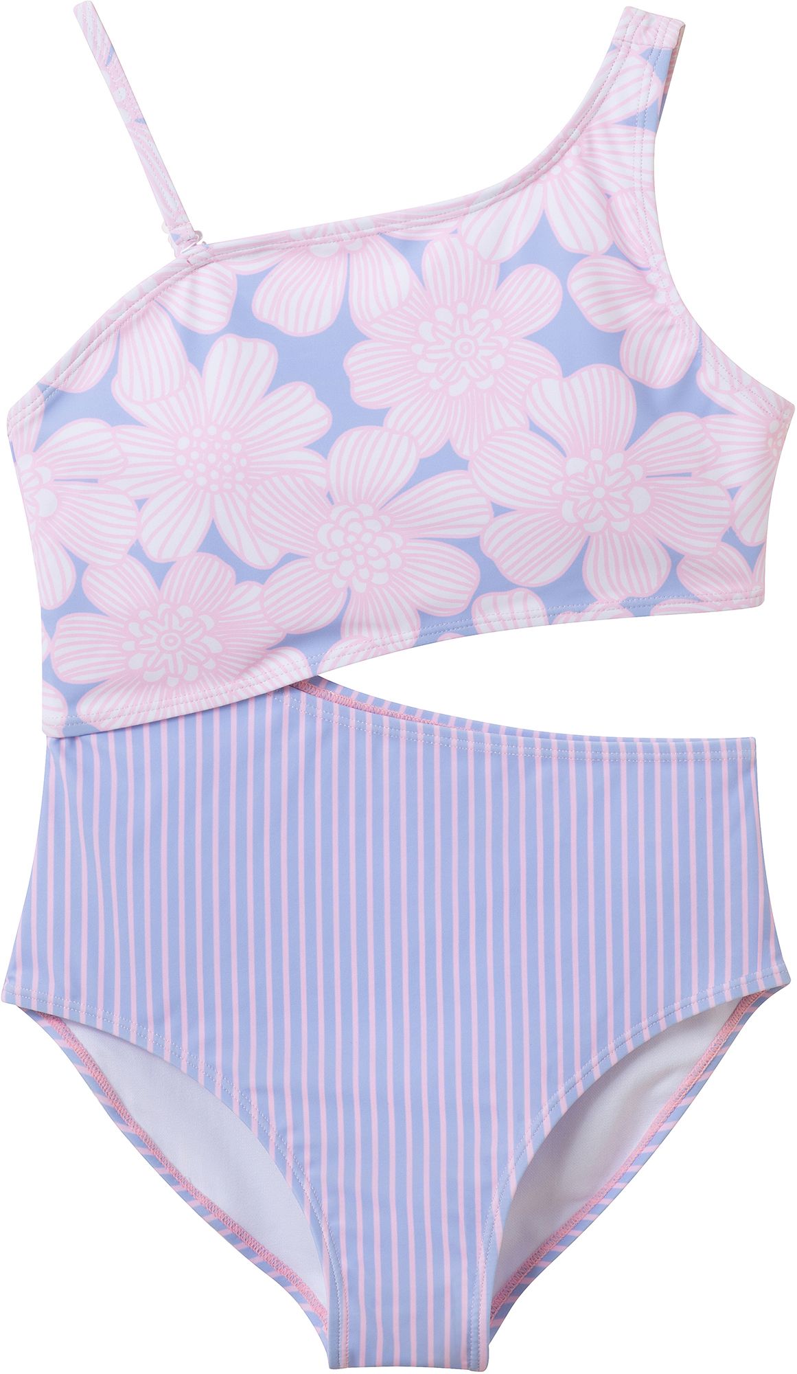 Andy &amp; Evan Girls' One Shoulder Floral Stripe Cutout One Piece Swimsuit