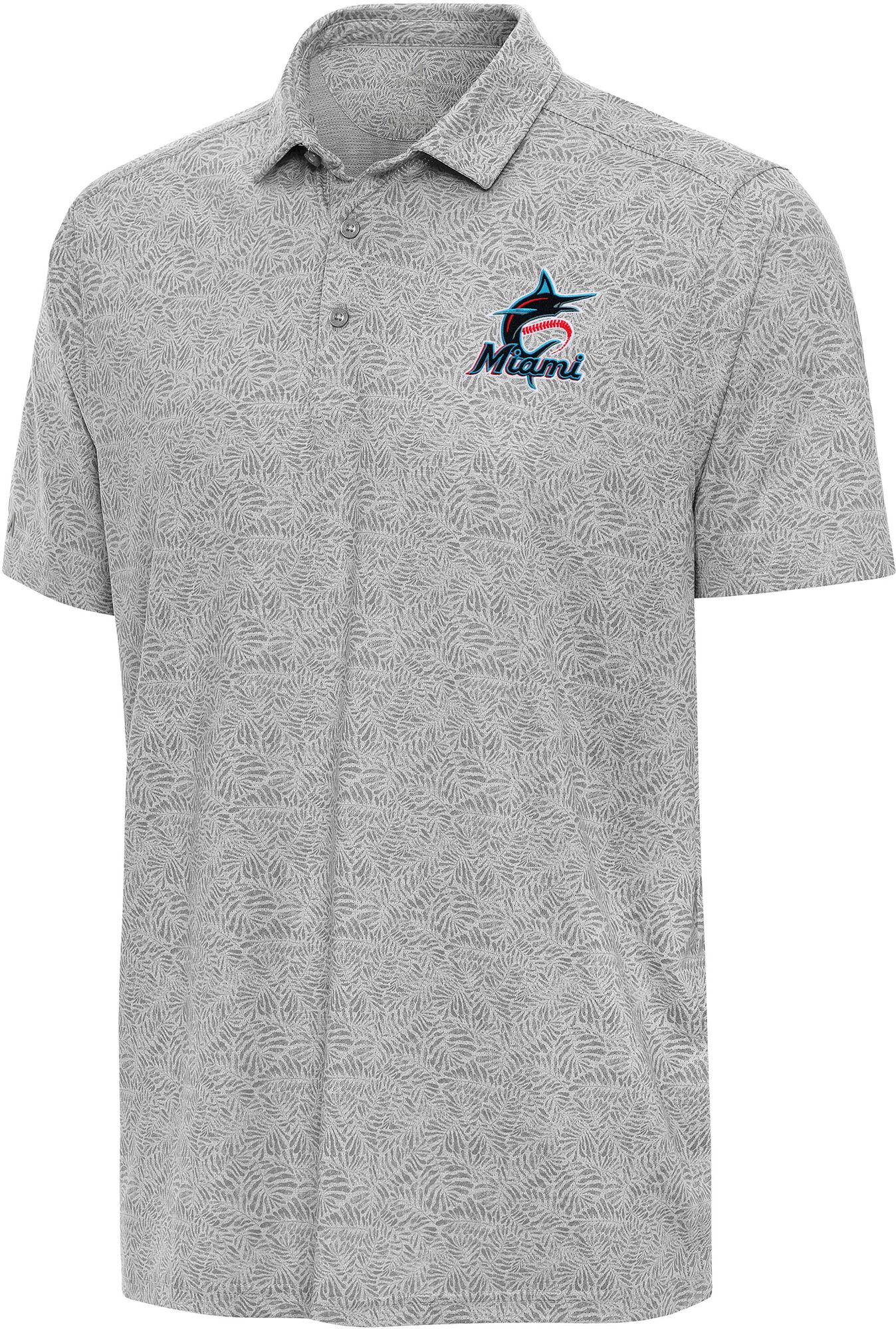 Antigua Men's Miami Marlins Grey Tentril Polo