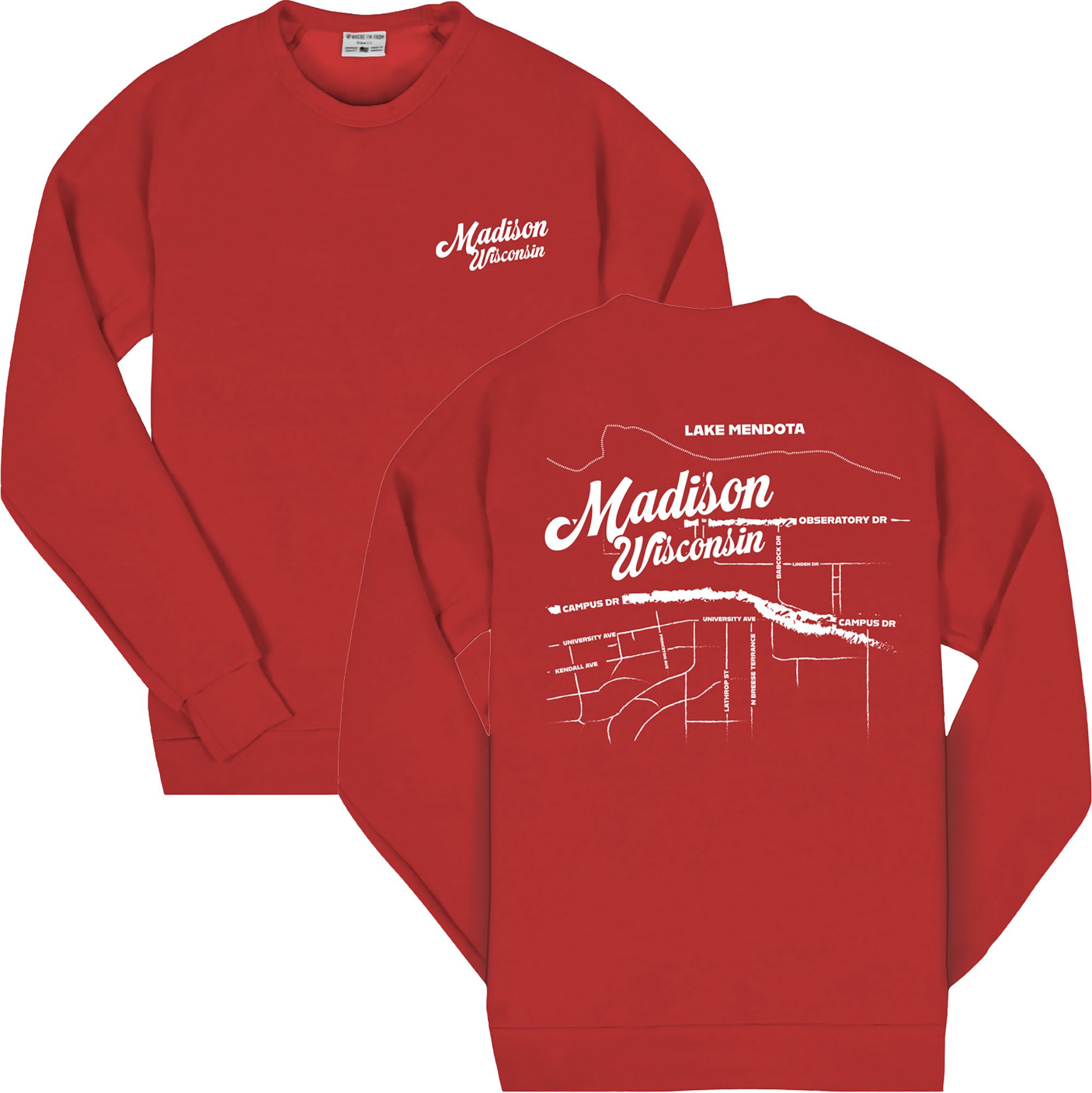 Where I'm From Adult Madison Red College Map 2-Hit Crewneck Sweatshirt
