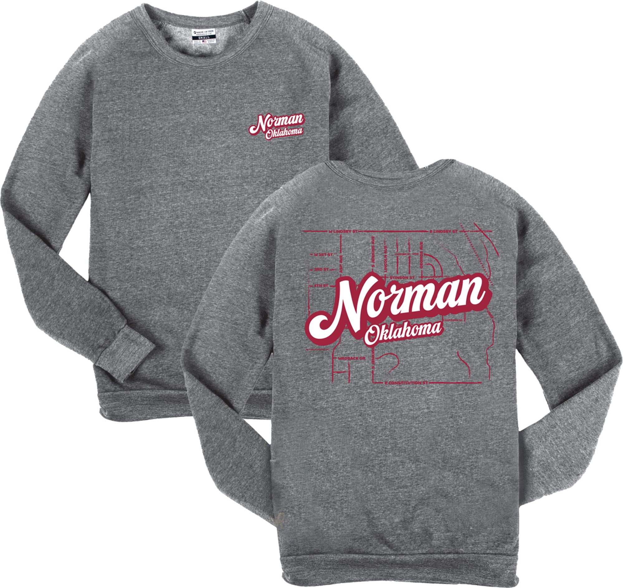 Where I'm From Adult Norman Gray College Map 2-Hit Crewneck Sweatshirt