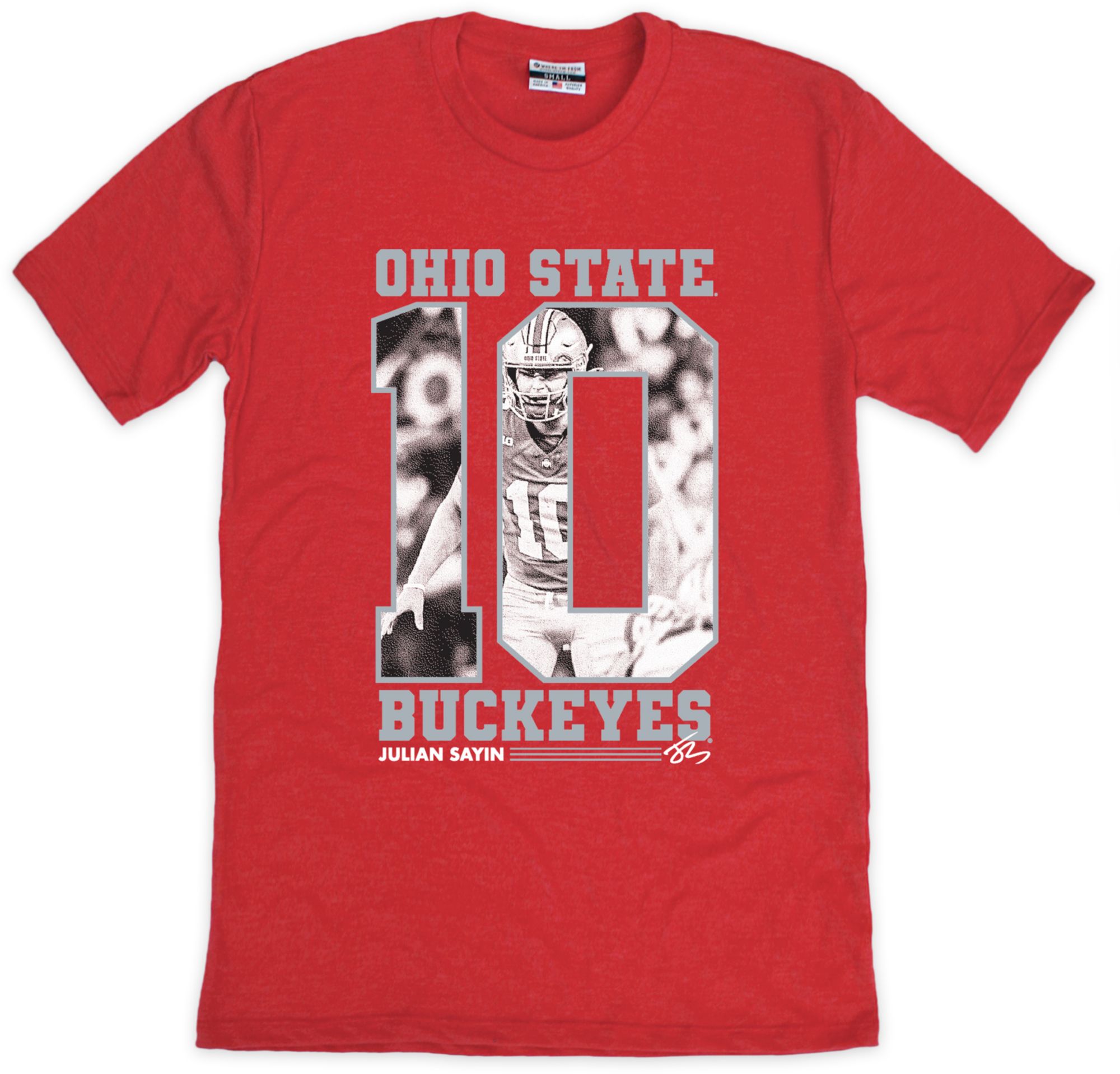 Where I'm From Men's Ohio State Buckeyes Red Julian Sayin #10 Comic Short Sleeve T-Shirt