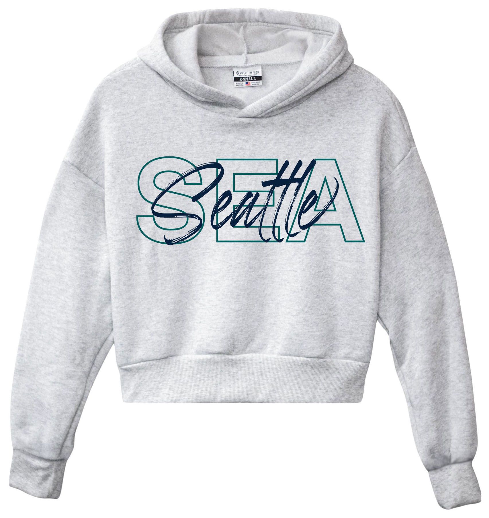 Where I'm From Women's Seattle White Script Cropped Pullover Hoodie