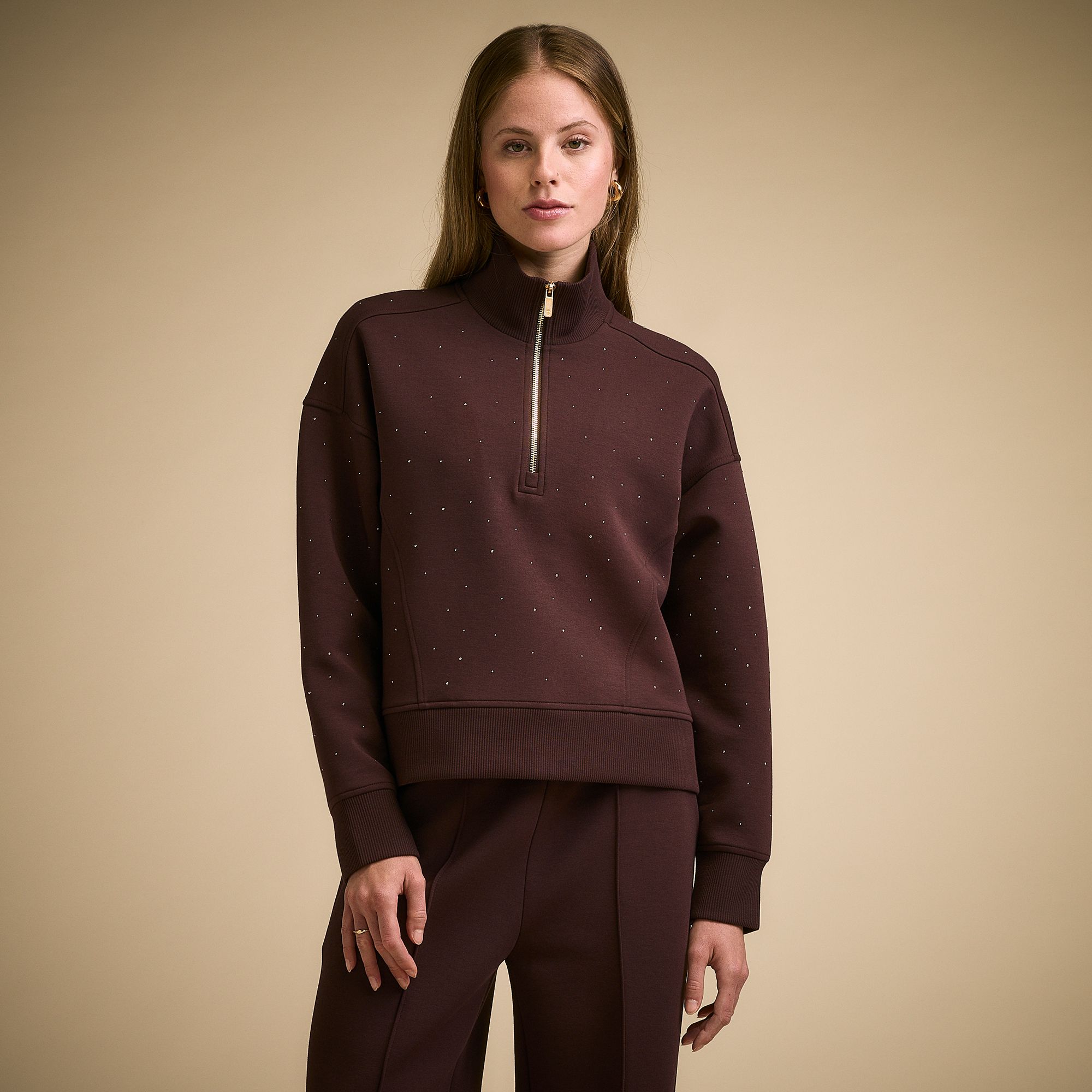 CALIA Women's Soft Scuba Mock Neck 1/4 Zip, Small, Chocolate Plum Nailhead