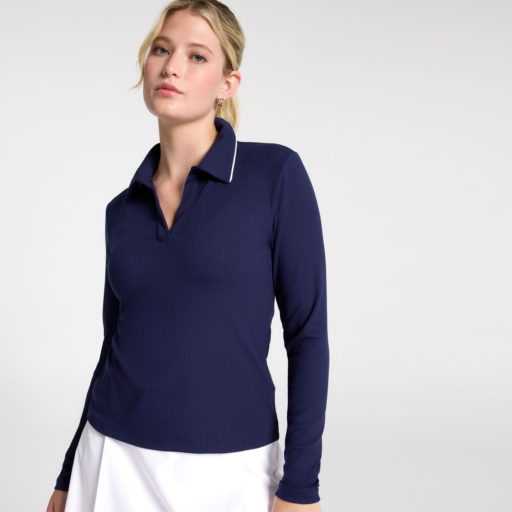 CALIA Women's Rib Long Sleeve Johnny Golf Polo
