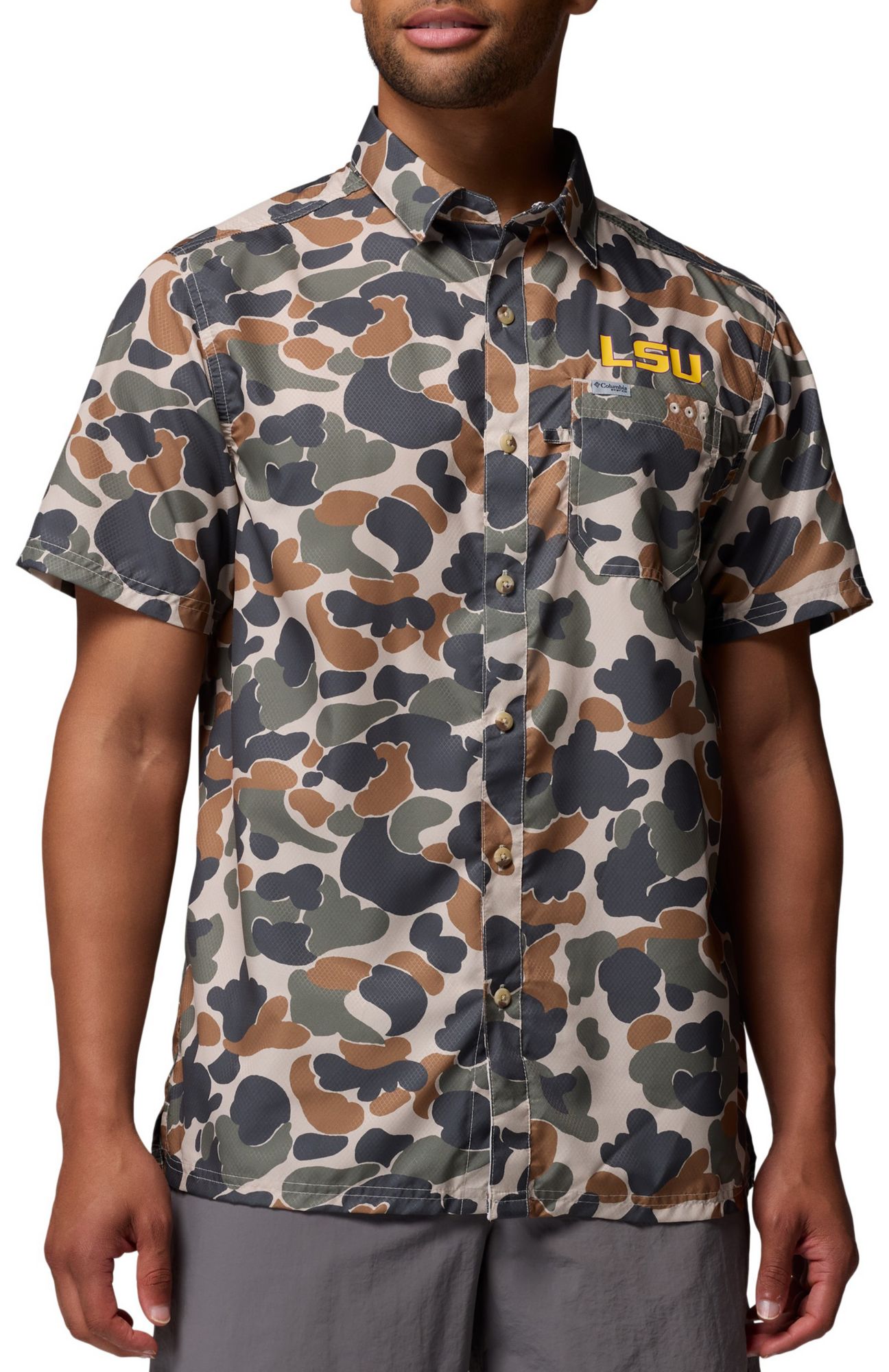 Columbia Men's LSU Tigers Camo Super Slack Tide Button Down Shirt