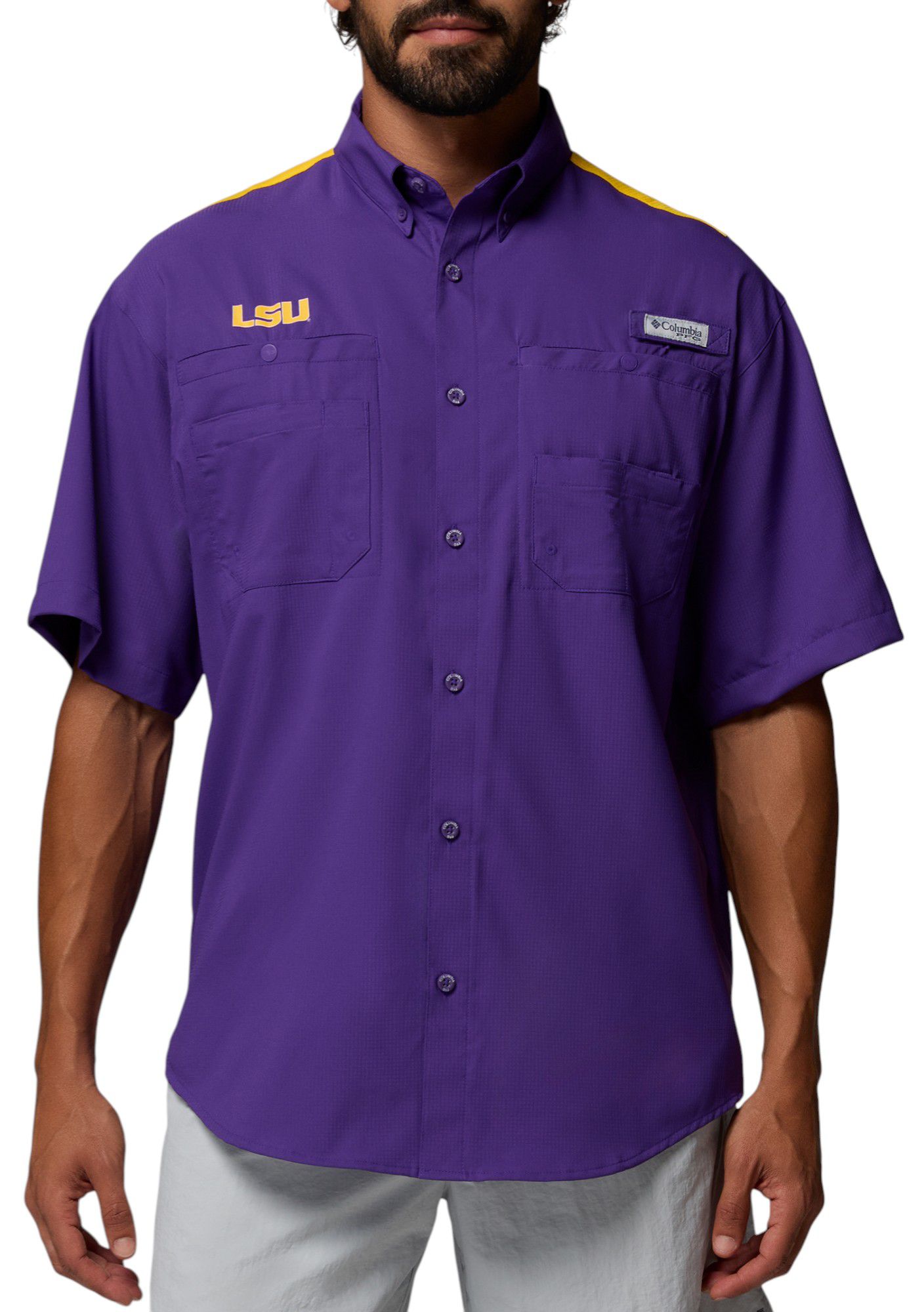 Columbia Men's LSU Tigers Vivid Purple Tamiami Colorblock Short Sleeve T-Shirt