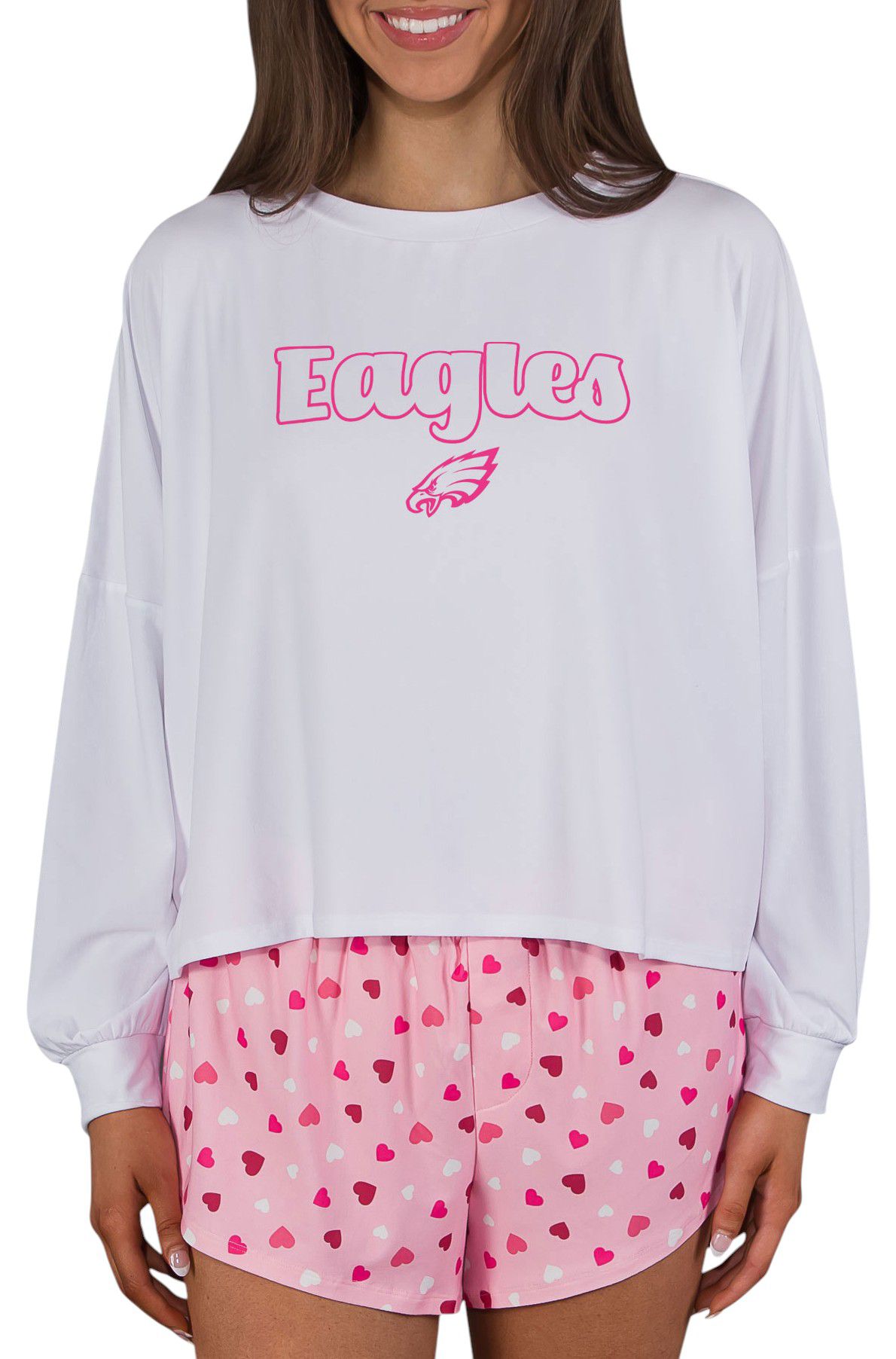 Concepts Sport Women's Philadelphia Eagles Pink/White Lyric All Over Print Knit Long Sleeve T-Shirt And Shorts Set