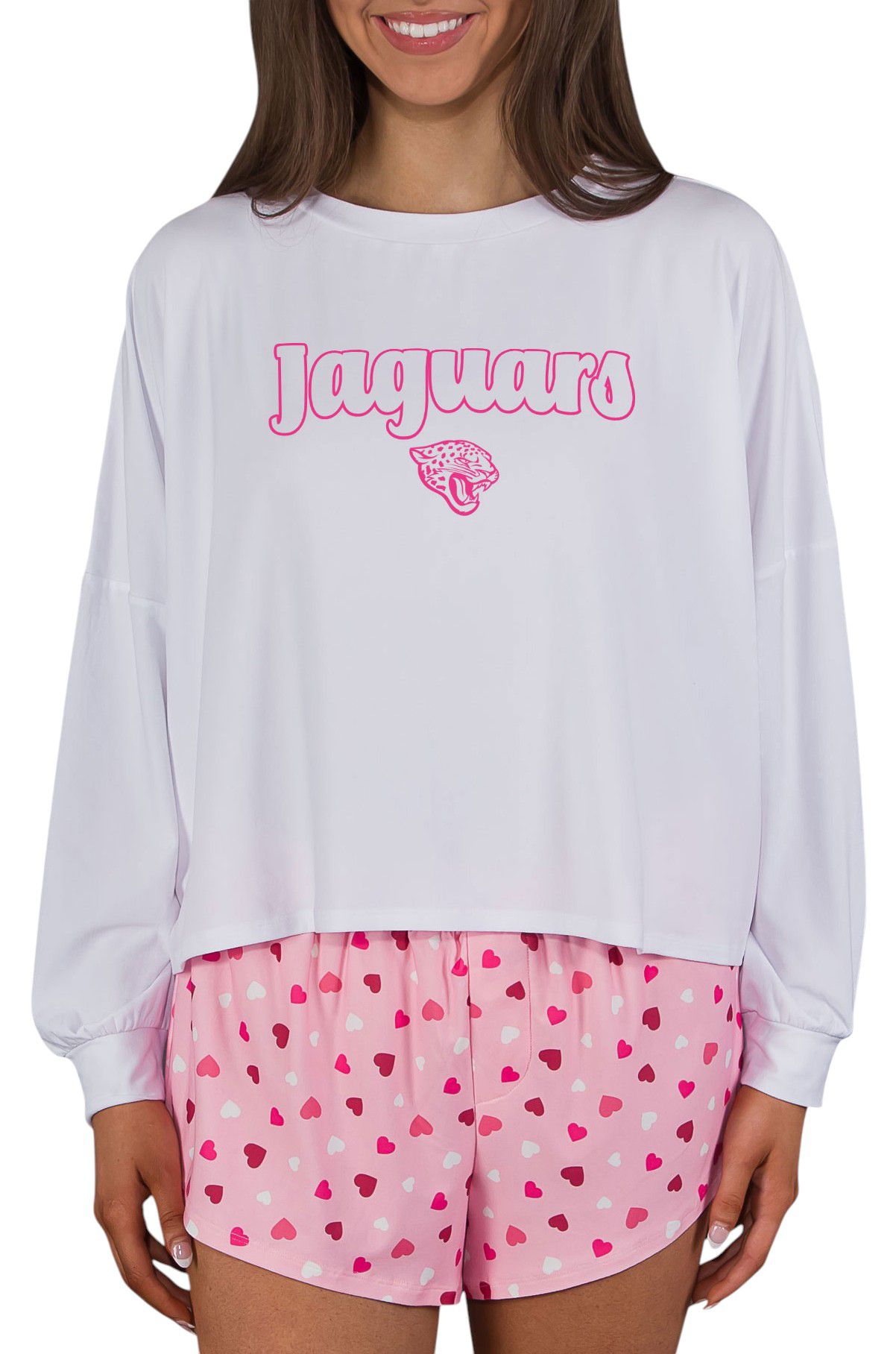 Concepts Sport Women's Jacksonville Jaguars Pink/White Lyric All Over Print Knit Long Sleeve T-Shirt And Shorts Set