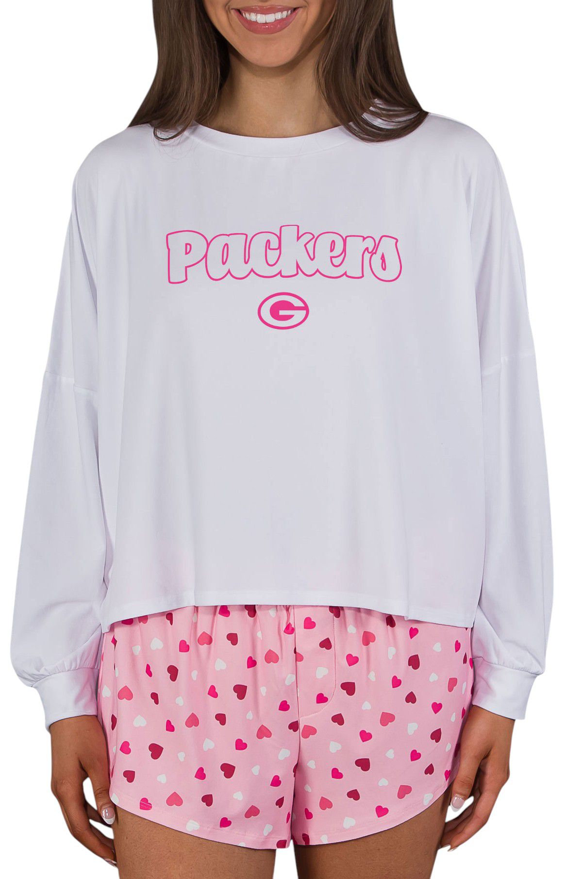 Concepts Sport Women's Green Bay Packers Pink/White Lyric All Over Print Knit Long Sleeve T-Shirt And Shorts Set