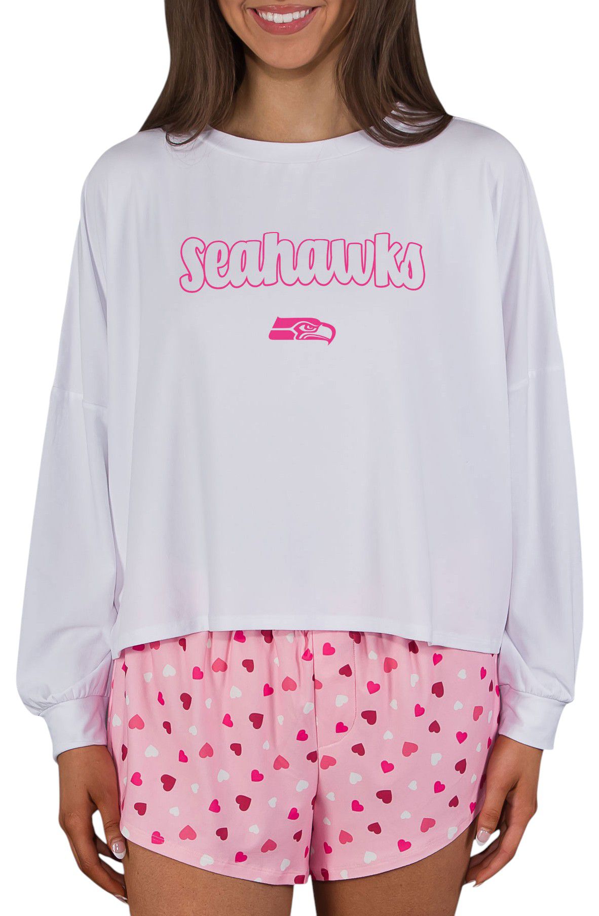 Concepts Sport Women's Seattle Seahawks Pink/White Lyric All Over Print Knit Long Sleeve T-Shirt And Shorts Set
