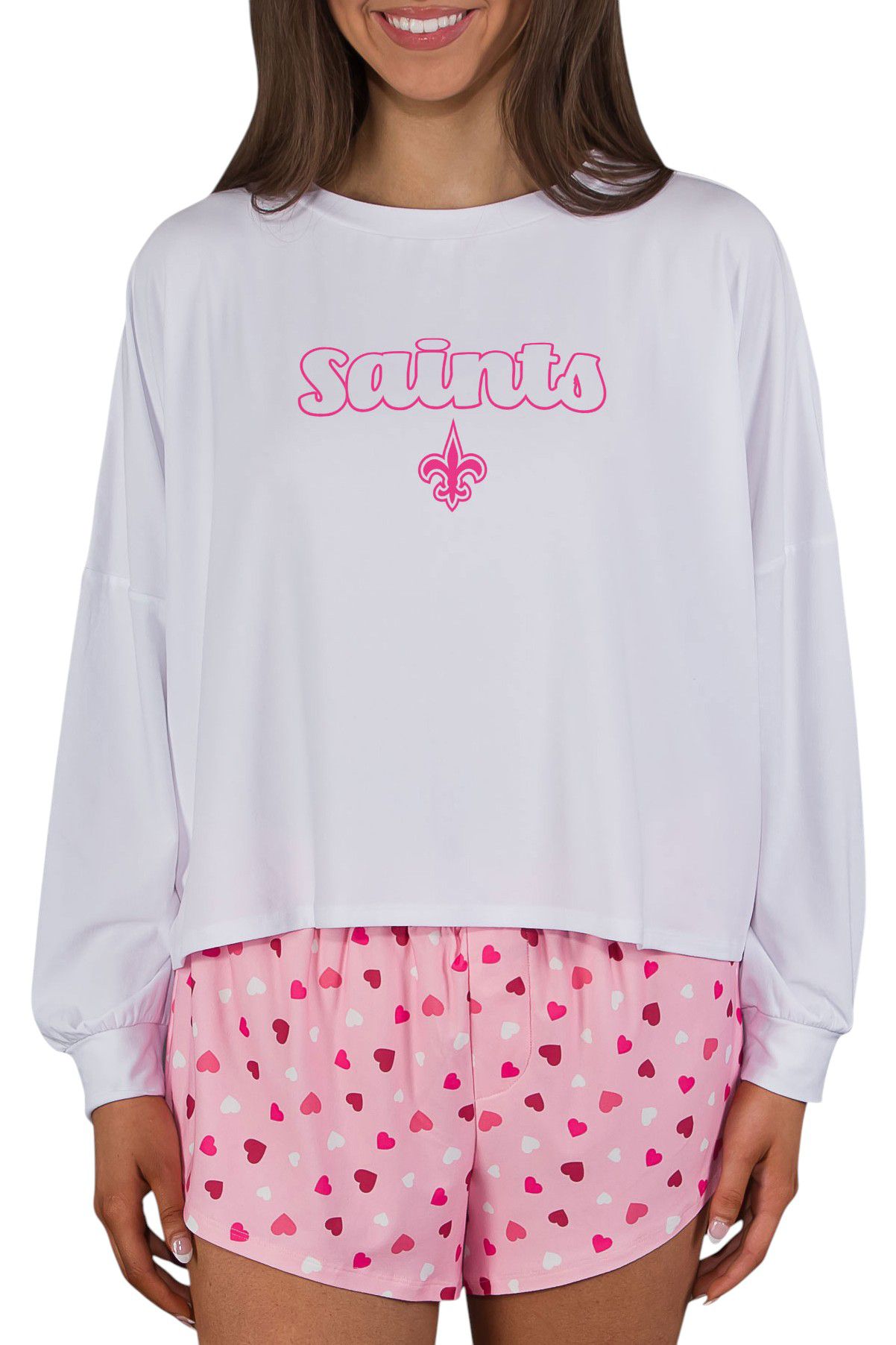 Concepts Sport Women's New Orleans Saints Pink/White Lyric All Over Print Knit Long Sleeve T-Shirt And Shorts Set