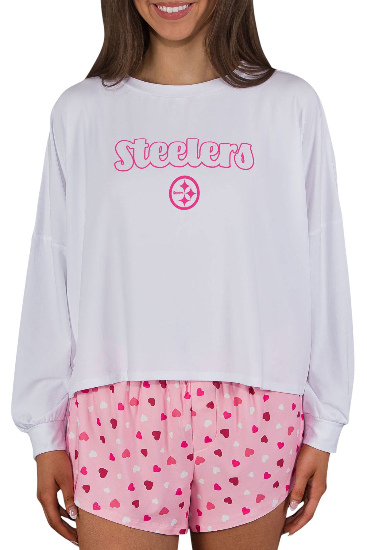 Concepts Sport Women's Pittsburgh Steelers Pink/White Lyric All Over Print Knit Long Sleeve T-Shirt And Shorts Set