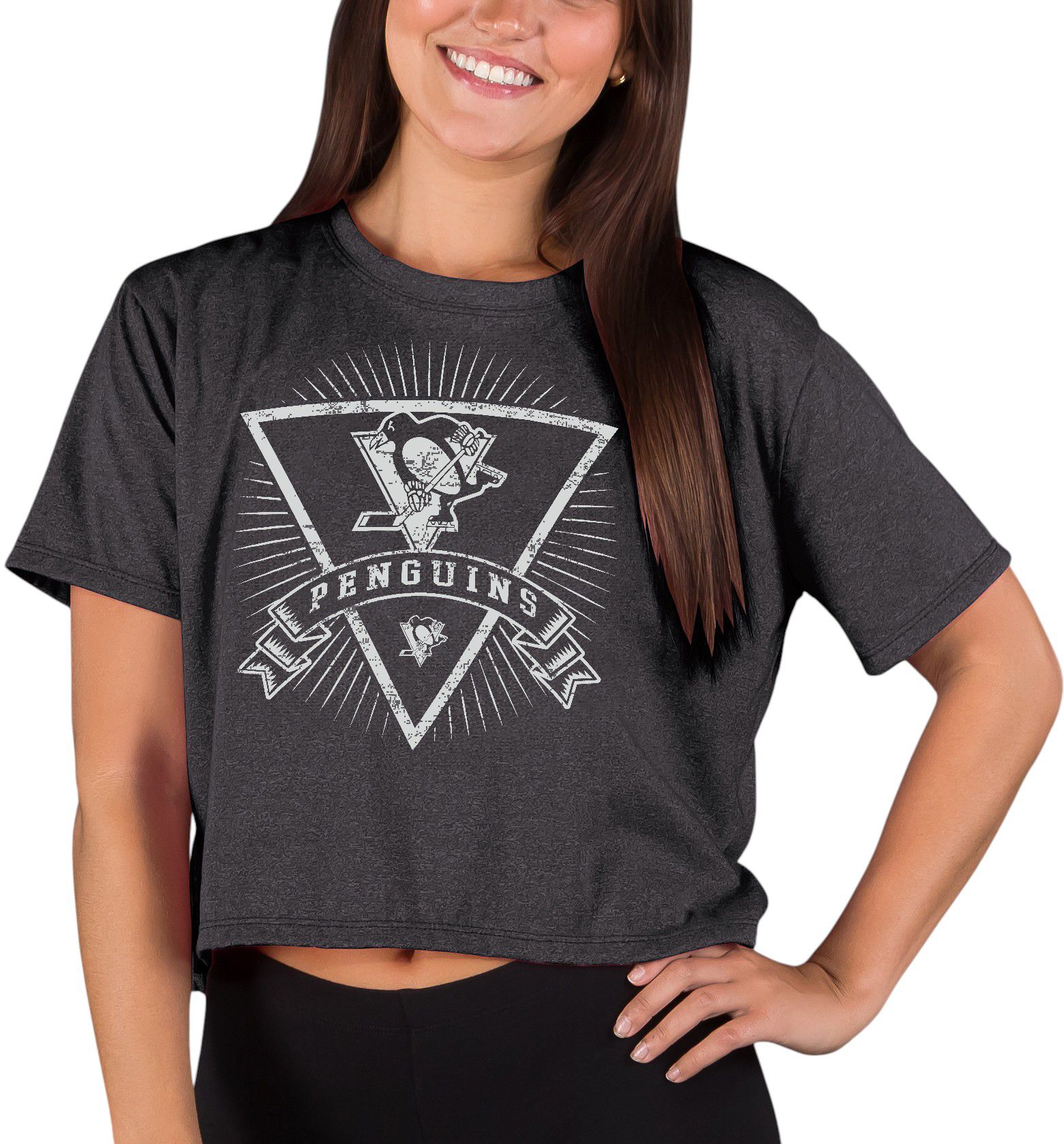 Concepts Sport Women's Pittsburgh Penguins Charcoal Quest Triangle Short Sleeve T-Shirt