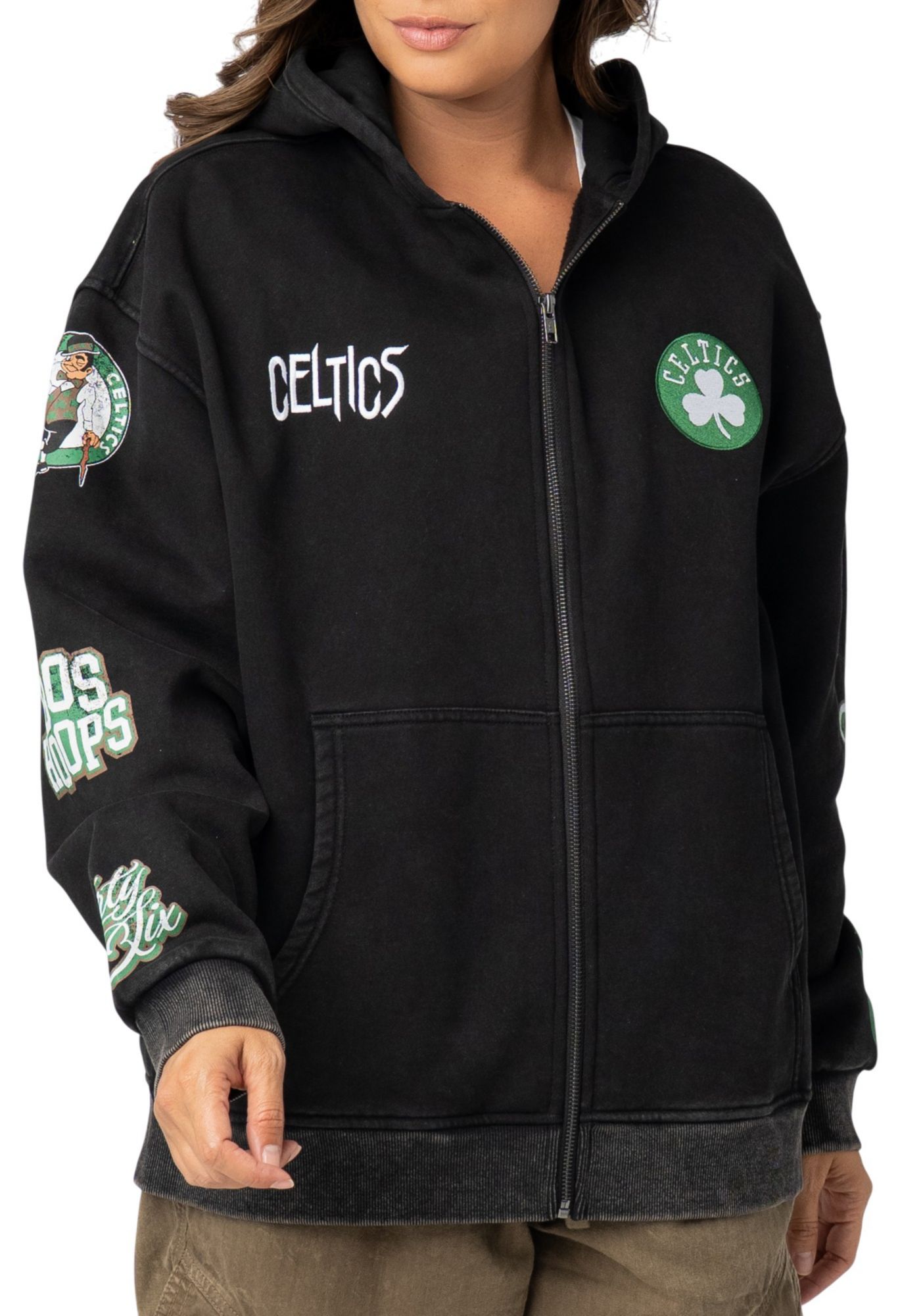 The Wild Collective Adult Boston Celtics Black Patch Full-Zip Hoodie
