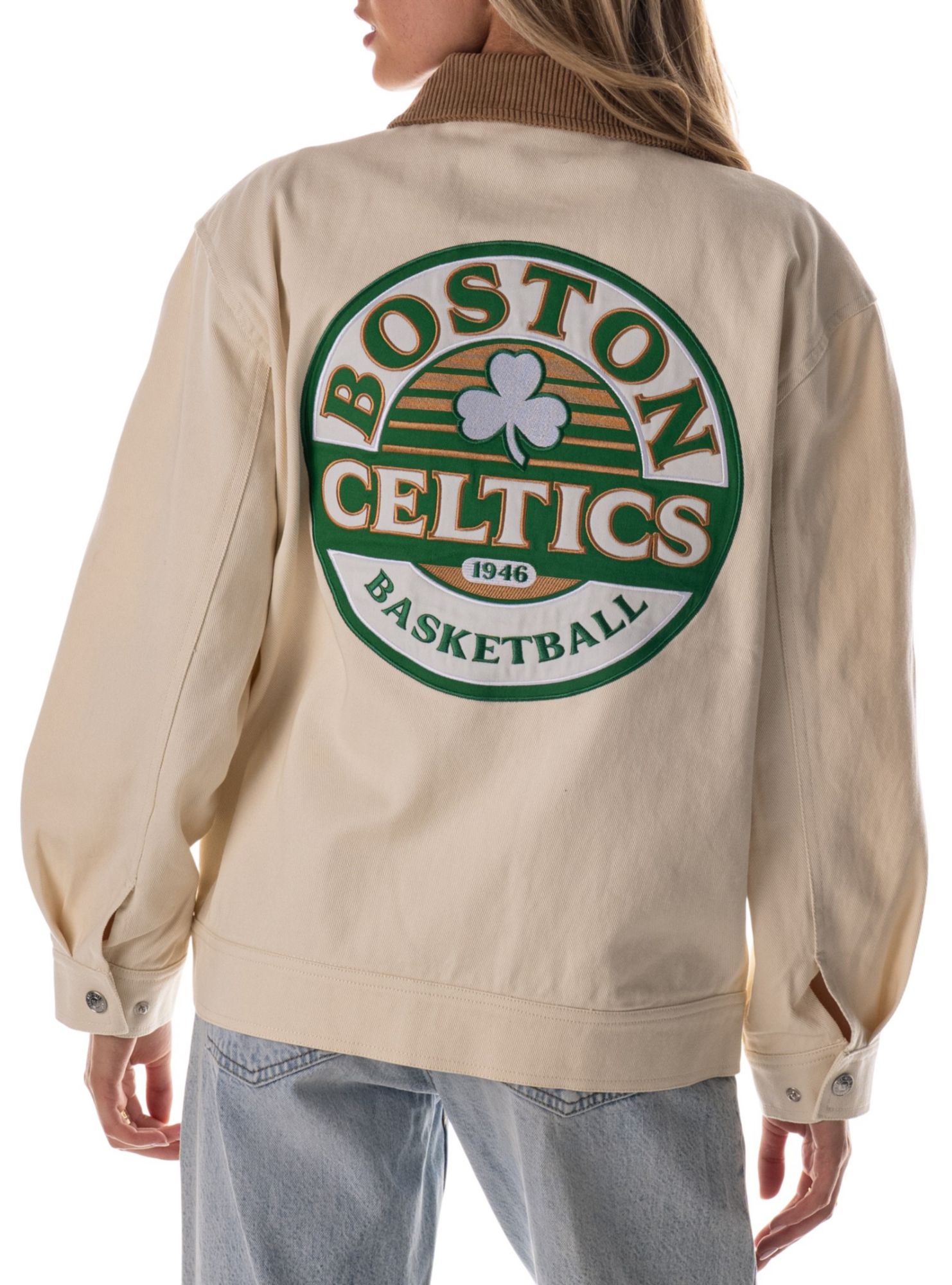 The Wild Collective Adult Boston Celtics Cream Full-Zip Denim Jacket