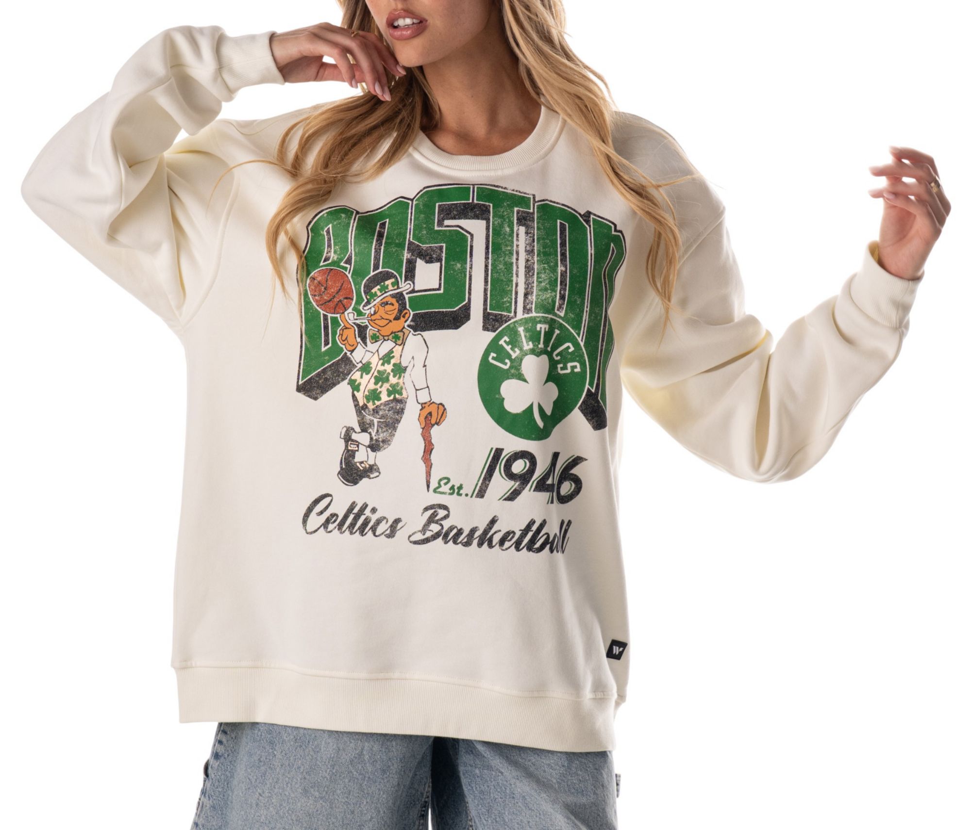 The Wild Collective Adult Boston Celtics Off-White Graphic Crewneck Sweatshirt
