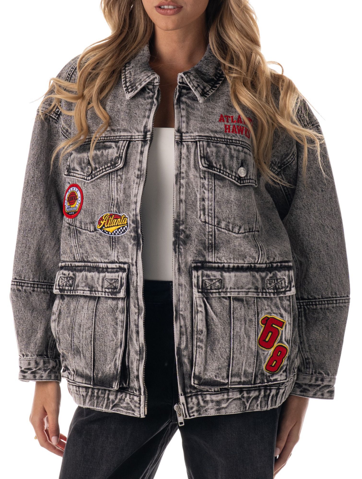 The Wild Collective Adult Atlanta Hawks Grey Denim Cargo Jacket